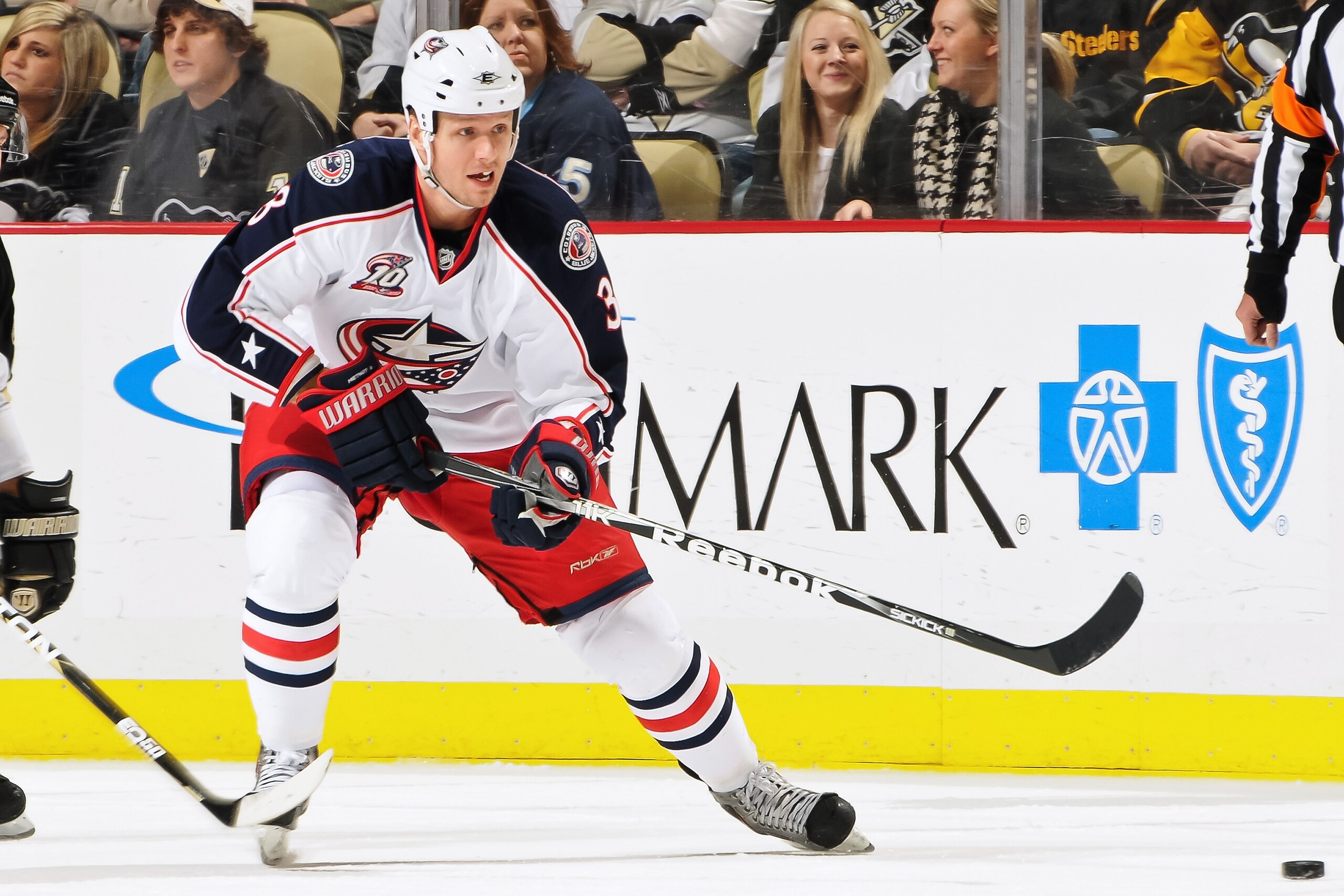 PITTSBURGH, PA - FEBRUARY 8:  Marc Methot #3 of the Columbus Blue Jackets skates with the puck against the Pittsburgh Penguins on February 8, 2011 at CONSOL Energy Center in Pittsburgh, Pennsylvania.  (Photo by Jamie Sabau/Getty Images)