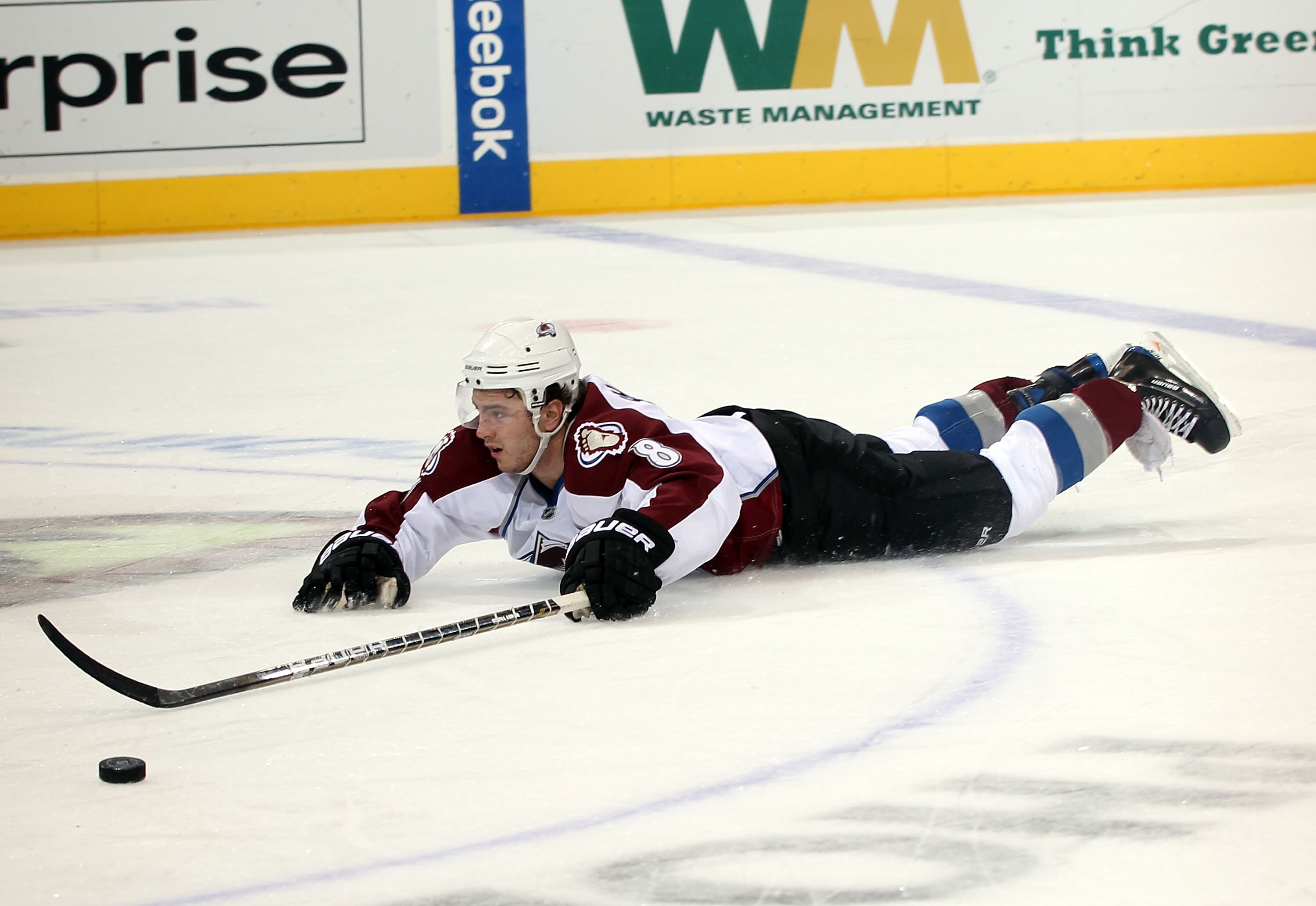GLENDALE, AZ - FEBRUARY 07: Kevin Shattenkirk #8 of the Colorado Avalanche loses the puck against the Phoenix Coyotes at the Jobing.com Arena on February 7, 2011 in Glendale, Arizona.  (Photo by Bruce Bennett/Getty Images)