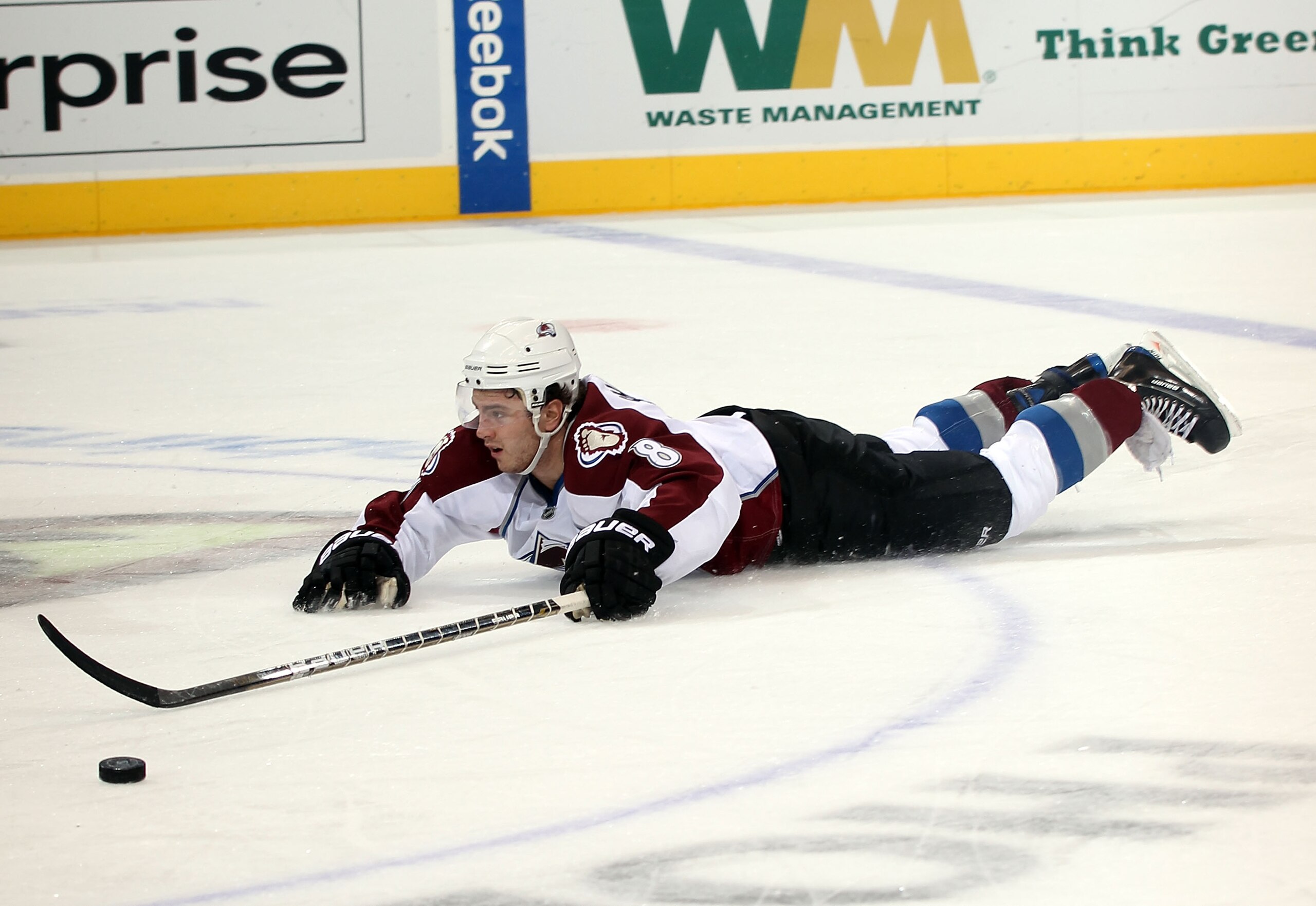 GLENDALE, AZ - FEBRUARY 07: Kevin Shattenkirk #8 of the Colorado Avalanche loses the puck against the Phoenix Coyotes at the Jobing.com Arena on February 7, 2011 in Glendale, Arizona.  (Photo by Bruce Bennett/Getty Images)