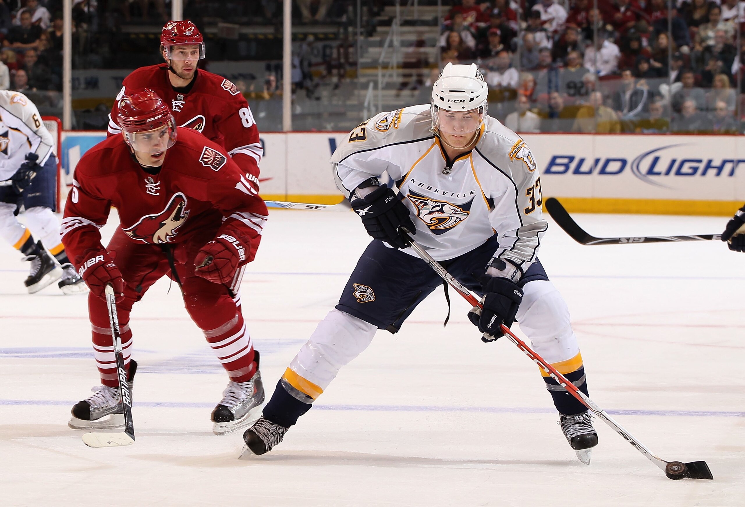 GLENDALE, AZ - APRIL 07:  Colin Wilson #33 of the Nashville Predators in action during the NHL game against the Phoenix Coyotes at Jobing.com Arena on April 7, 2010 in Glendale, Arizona. The Coyotes defeated the Predators 5-2.  (Photo by Christian Peterse
