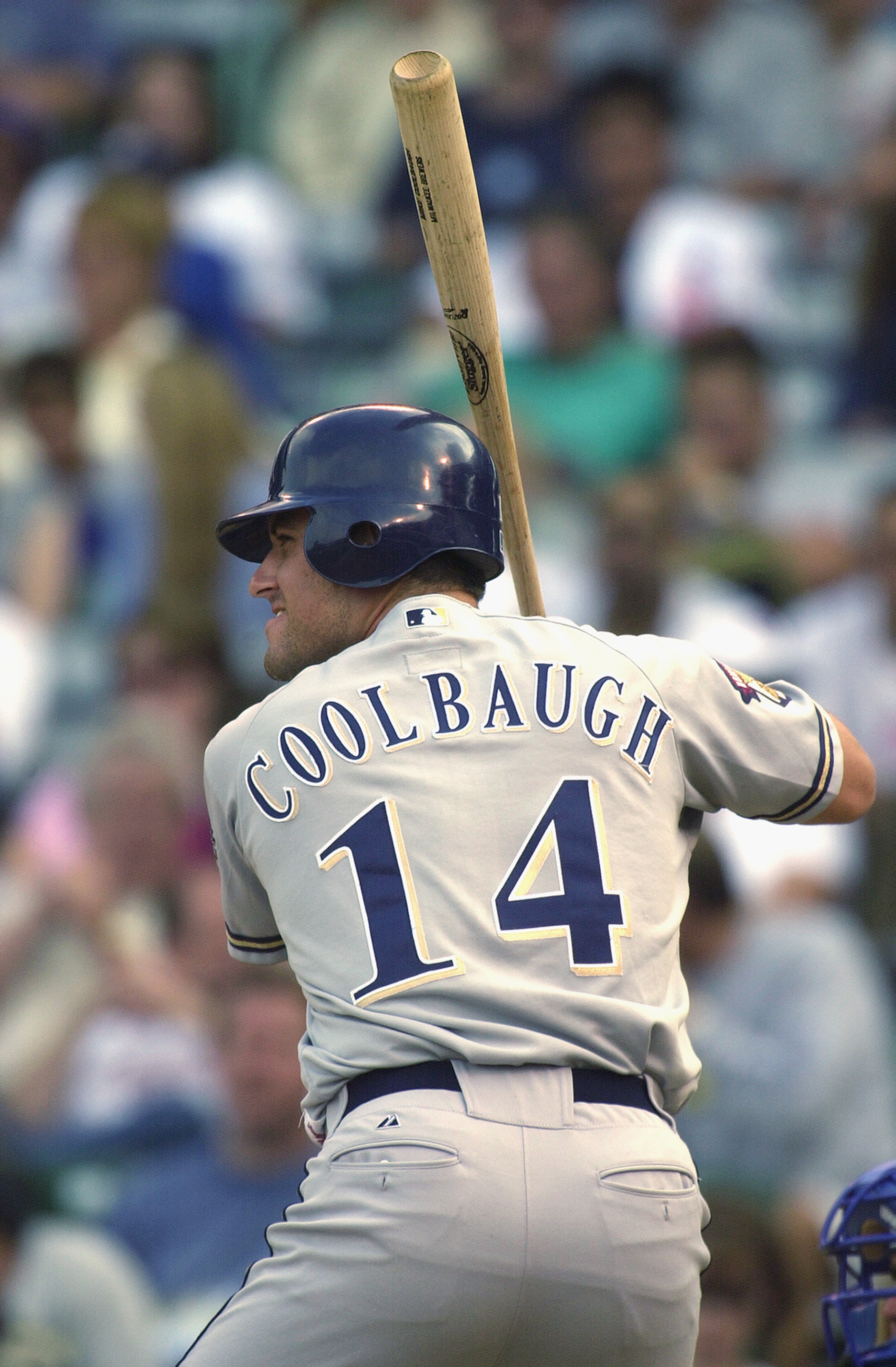 CHICAGO - AUGUST 28:  Third Baseman Mike Coolbaugh #14 of the Milwaukee Brewers readies at the plate against the Chicago Cubs on August 28, 2001 at Wrigley Field in Chicago, Illinois.  The Brewers defeated the Cubs 8-1.  (Photo by Jonathan Daniel/Getty Im