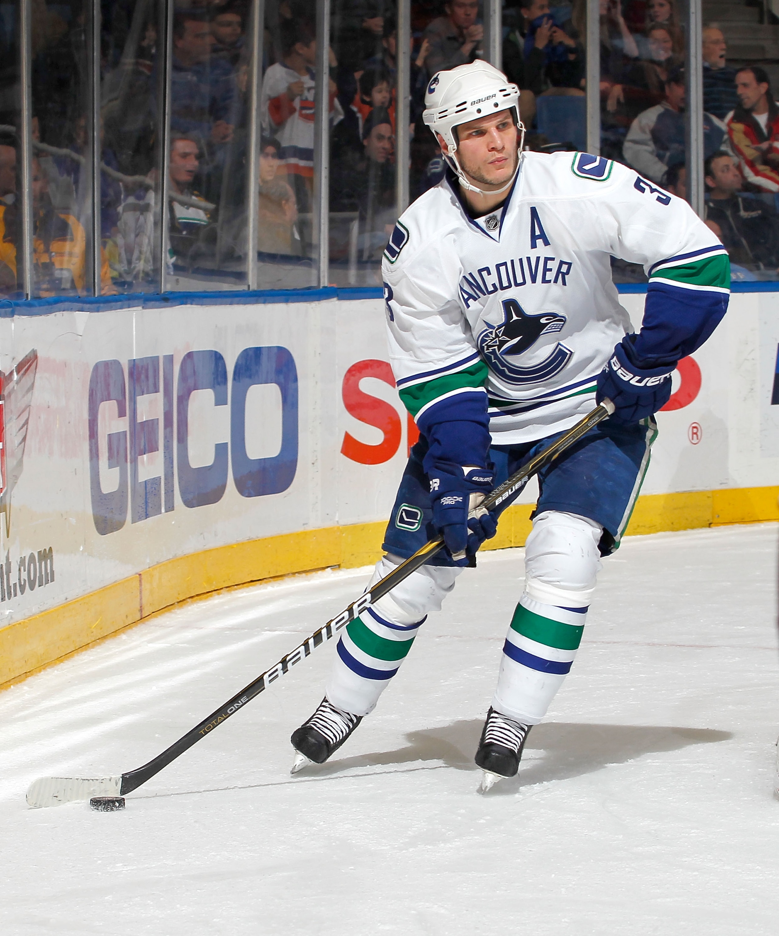 UNIONDALE, NY - JANUARY 11:  Kevin Bieksa #3 of the Vancouver Canucks skates during an NHL game against the New York Islanders at Nassau Coliseum on January 11, 2011 in Uniondale, New York.  (Photo by Paul Bereswill/Getty Images)