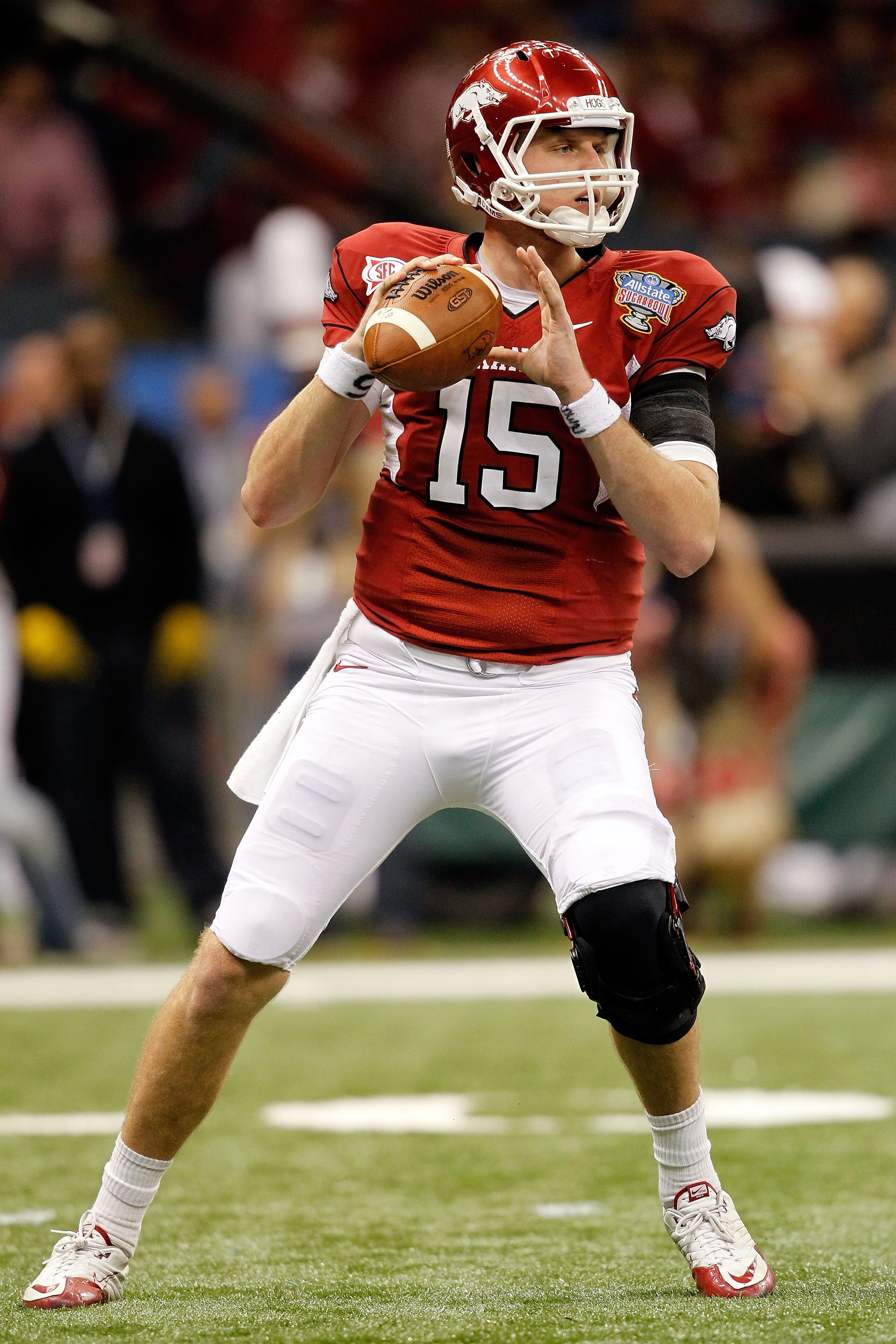 NEW ORLEANS, LA - JANUARY 04:  Quarterback Ryan Mallett #15 of the Arkansas Razorbacks looks to pass against the Ohio State Buckeyes during the Allstate Sugar Bowl at the Louisiana Superdome on January 4, 2011 in New Orleans, Louisiana.  (Photo by Matthew