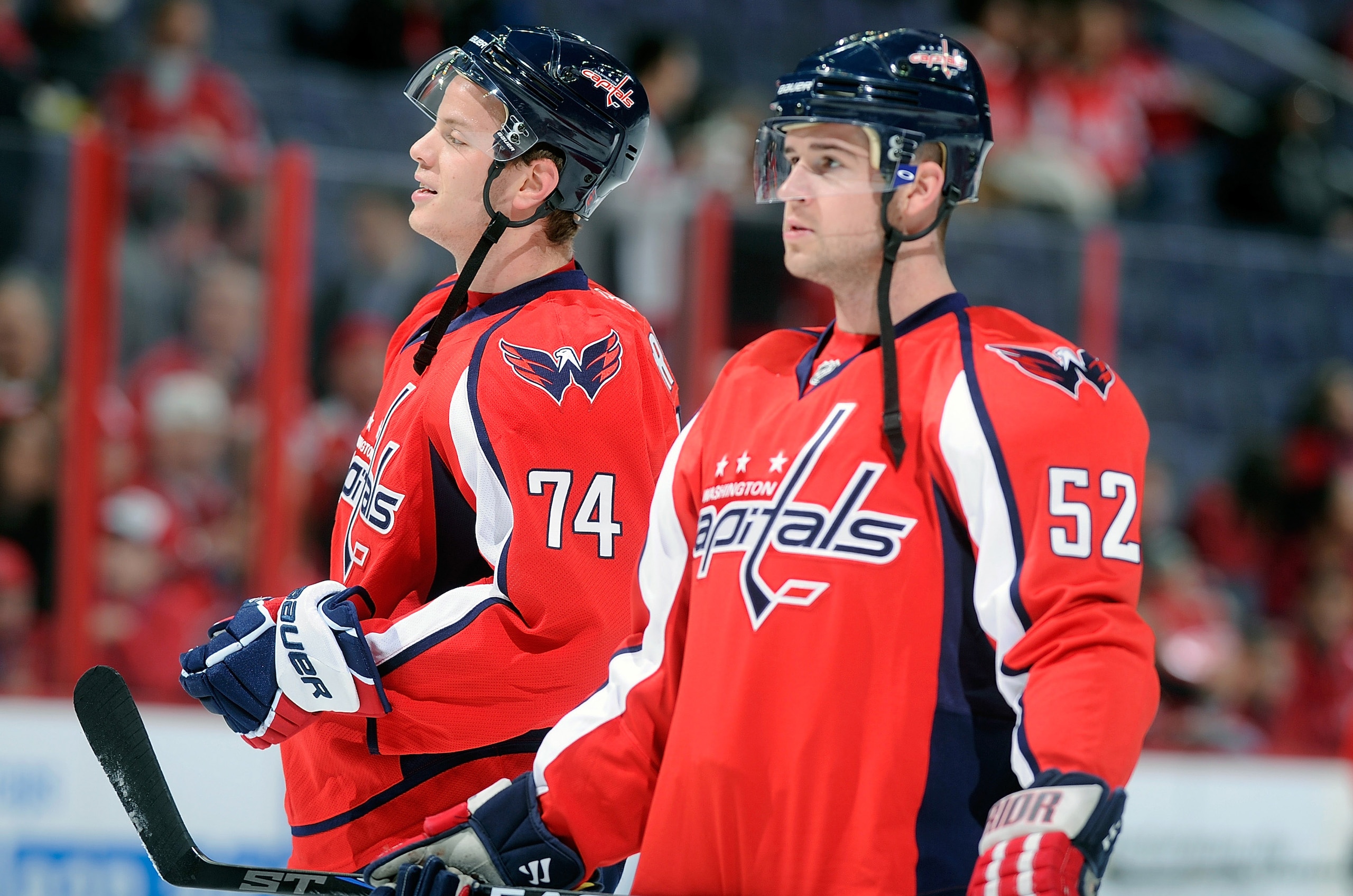 WASHINGTON, DC - FEBRUARY 12:  John Carlson #74 and Mike Green #52 of the Washington Capitals warm up before the game against the Los Angeles Kings at the Verizon Center on February 12, 2011 in Washington, DC.  (Photo by Greg Fiume/Getty Images)