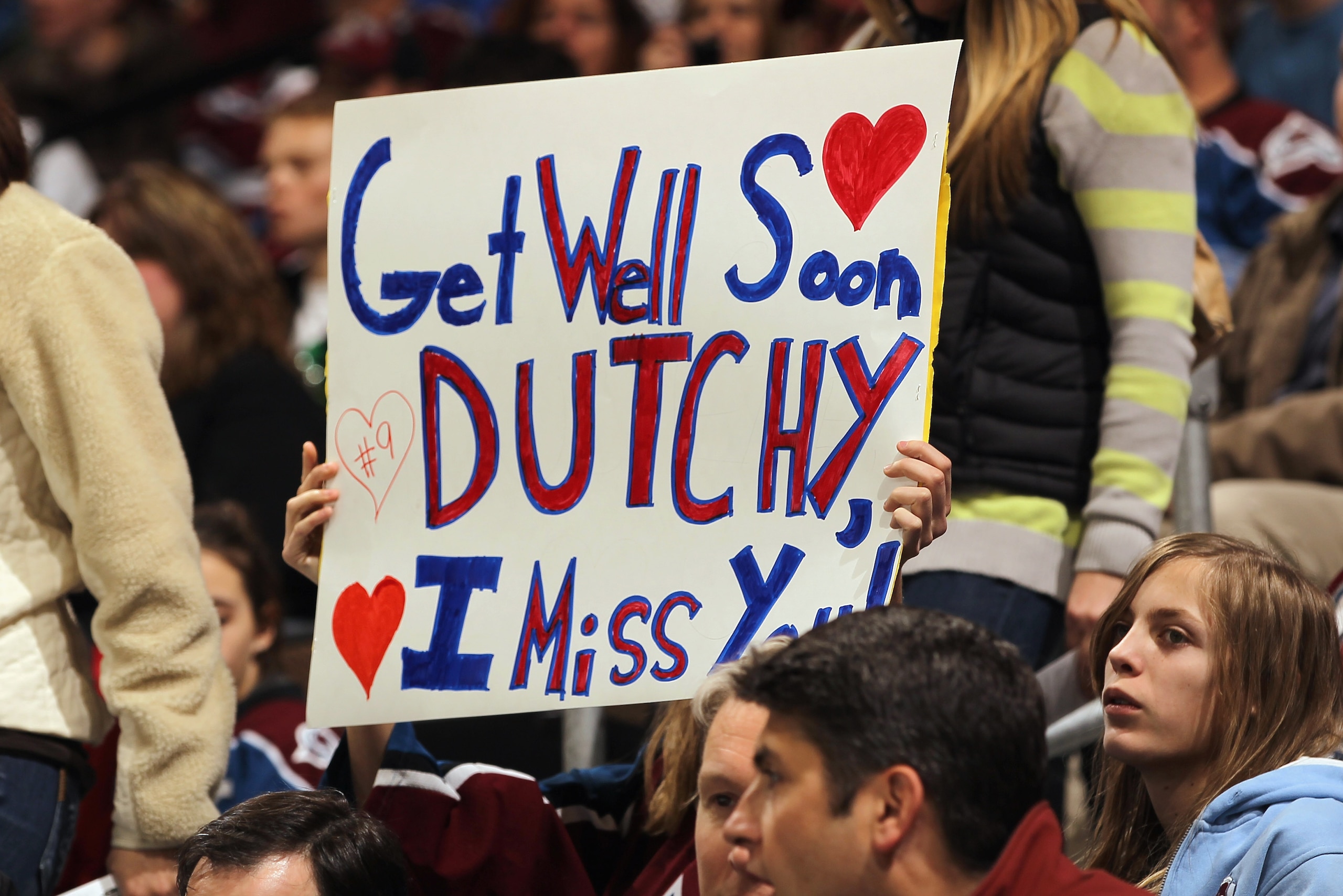 DENVER, CO - FEBRUARY 16:  A fan holds up a sign in support of Matt Duchene #9 of the Colorado Avalanche as he was place on injured reserve against  the Pittsburgh Penguins at the Pepsi Center on February 16, 2011 in Denver, Colorado. The Penguins defeate
