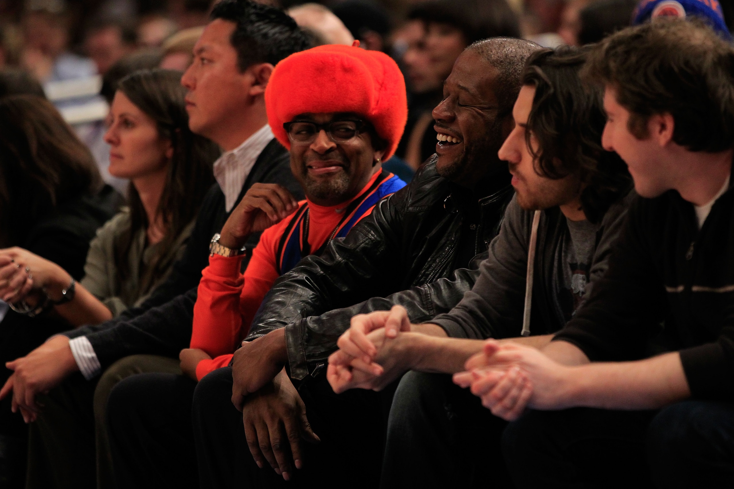 NEW YORK, NY - FEBRUARY 16:  Film director (L) Spike Lee and actor (R) Forest Whitaker attend a basketball game between the New York Knicks and the Atlanta Hawks at Madison Square Garden on February 16, 2011 in New York City. NOTE TO USER: User expressly 