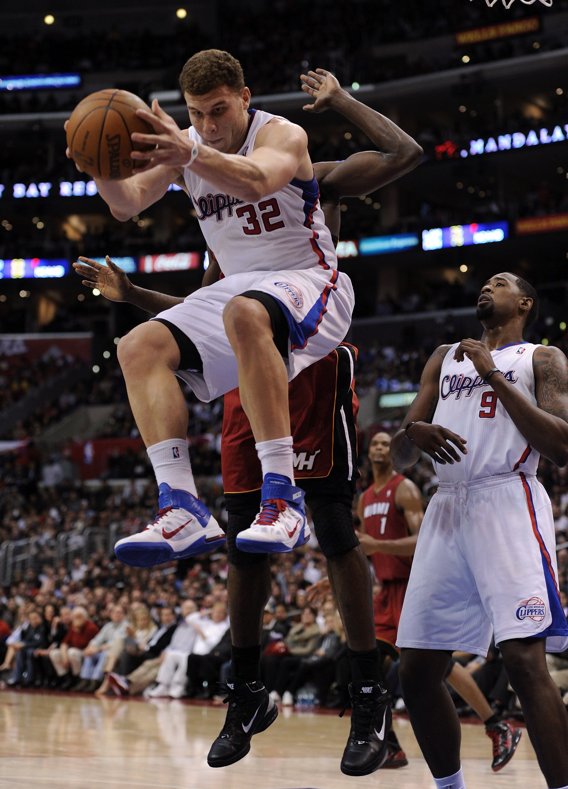 LOS ANGELES, CA - JANUARY 12:  Blake Griffin #32 of the Los Angeles Clippers grabs a rebound against the Miami Heat at Staples Center on January 12, 2011 in Los Angeles, California.  NOTE TO USER: User expressly acknowledges and agrees that, by downloadin