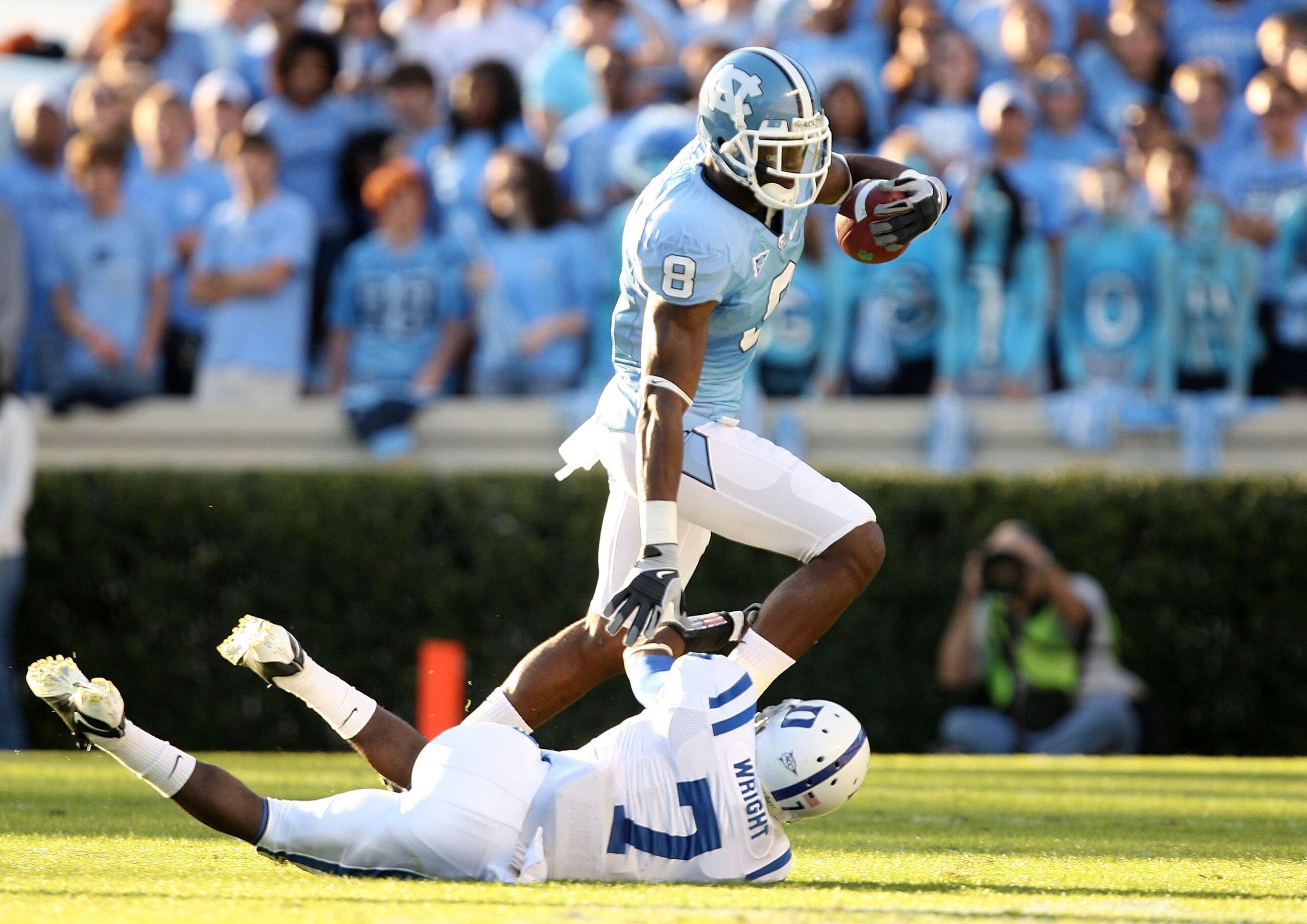 CHAPEL HILL, NC - NOVEMBER 07: Leon Wright #7 of the Duke Blue Devils tries to tackle Greg Little #8 of the North Carolina Tar Heels during their game at Kenan Stadium on November 7, 2009 in Chapel Hill, North Carolina. (Photo by Streeter Lecka/Getty Im CHAPEL HILL, NC - NOVEMBER 07: Leon Wright #7 of the Duke Blue Devils tries to tackle Greg Little #8 of the North Carolina Tar Heels during their game at Kenan Stadium on November 7, 2009 in Chapel Hill, North Carolina. (Photo by Streeter Lecka/Getty Im