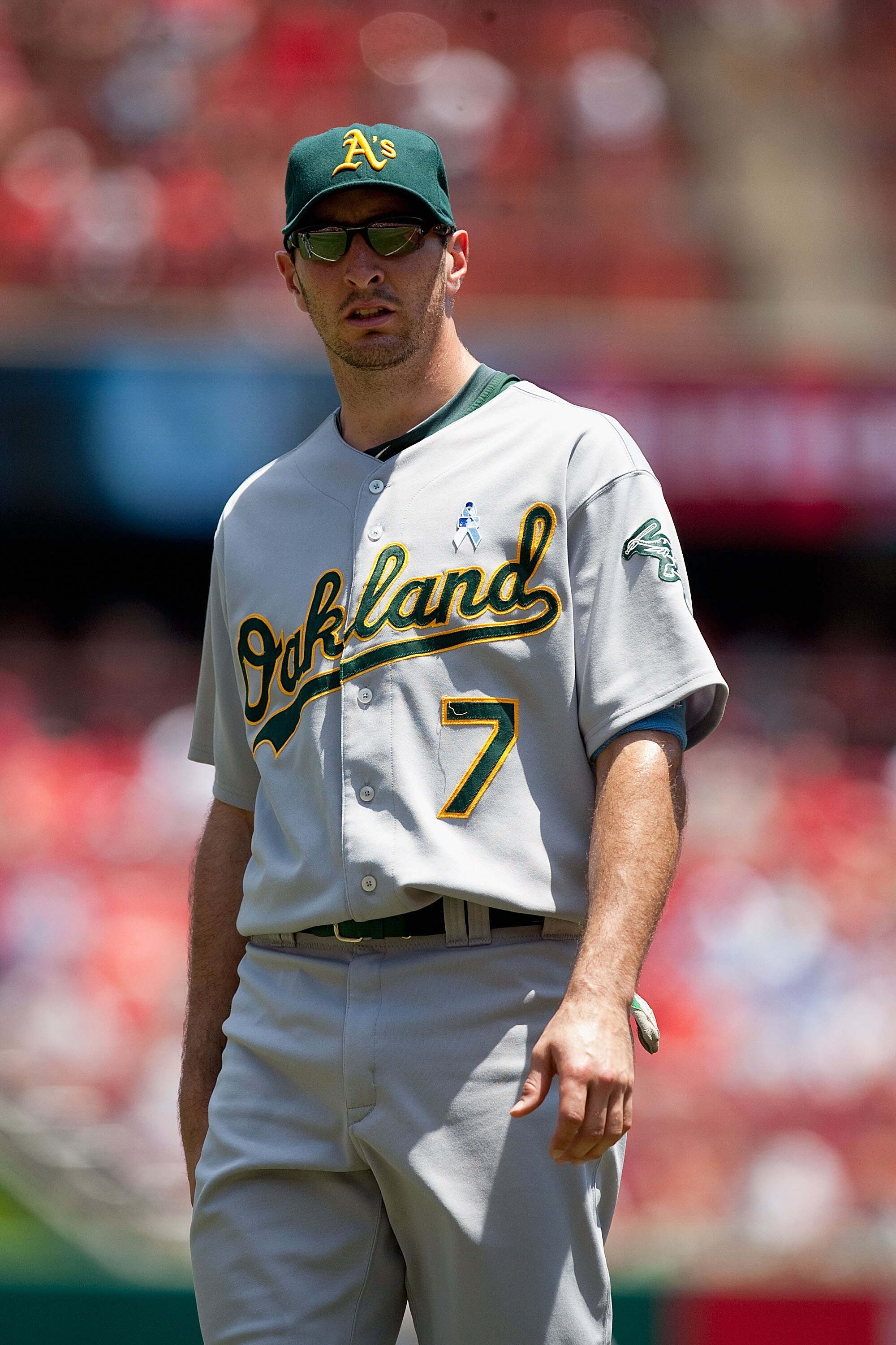 ST. LOUIS - JUNE 20: Adam Rosales #7 of the Oakland Athletics warms up prior to playing against the St. Louis Cardinals at Busch Stadium on June 20, 2010 in St. Louis, Missouri.  (Photo by Dilip Vishwanat/Getty Images)
