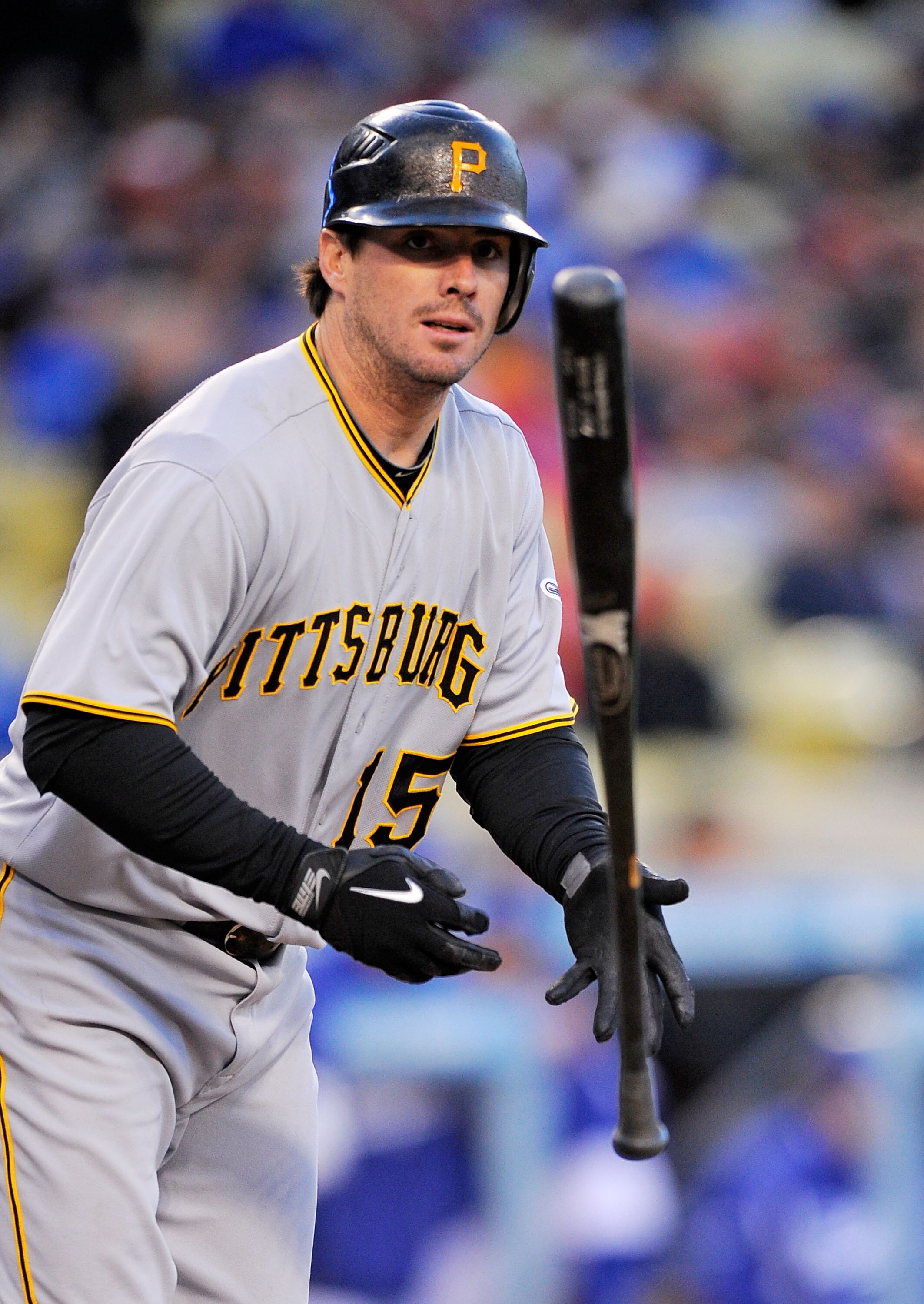 LOS ANGELES, CA - APRIL 29:  Andy LaRoche #15 of the Pittsburgh Pirates throws his bat after a walk  during the baseball game against Los Angeles Dodgers on April 29, 2010 at Dodger Stadium in Los Angeles, California.  (Photo by Kevork Djansezian/Getty Im