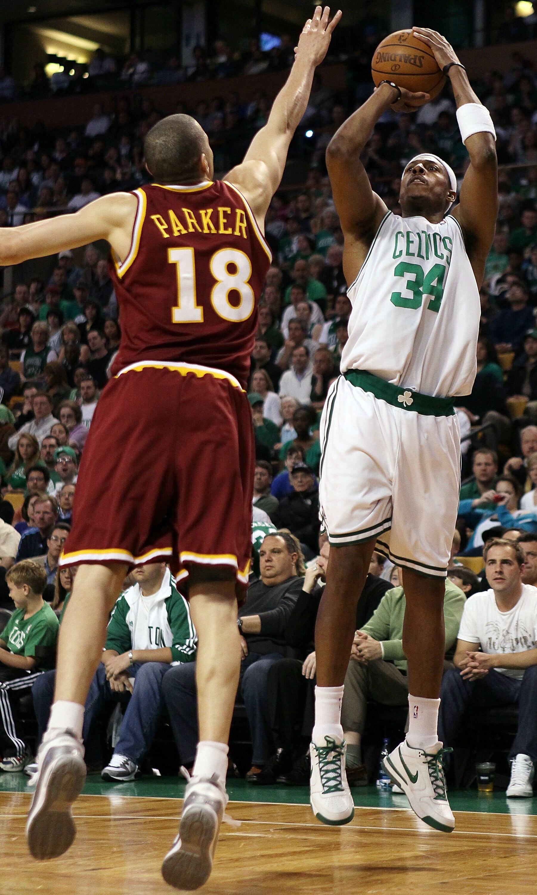 BOSTON - MAY 09:  Paul Pierce #34 of the Boston Celtics takes a shot as Anthony Parker #18 of the Cleveland Cavaliers defends during Game Four of the Eastern Conference Semifinals of the 2010 NBA playoffs at TD Garden on May 9, 2010 in Boston, Massachuset