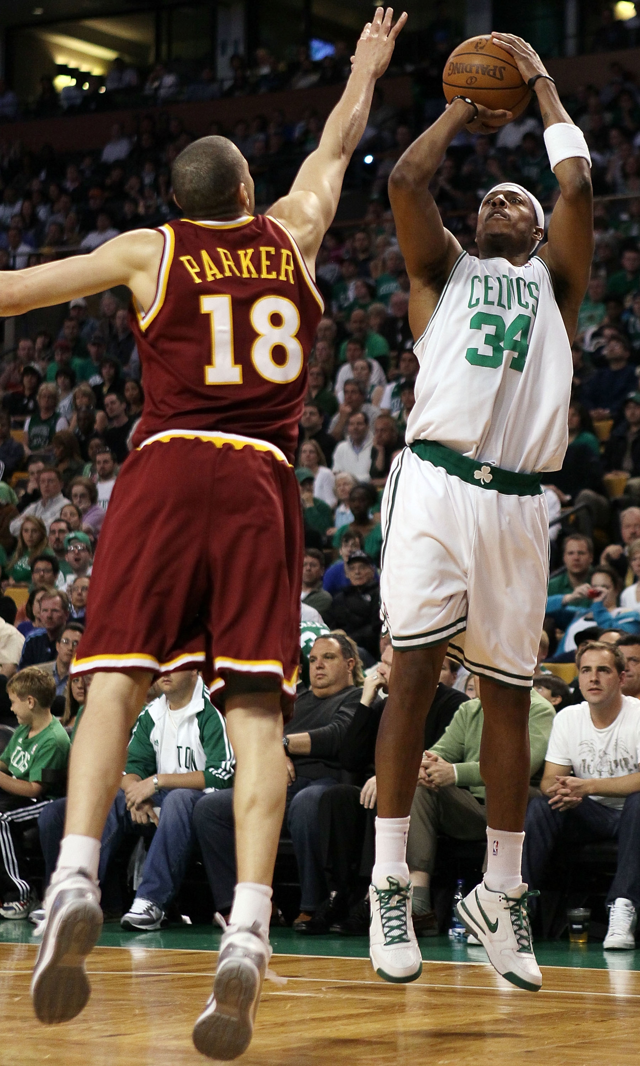 BOSTON - MAY 09:  Paul Pierce #34 of the Boston Celtics takes a shot as Anthony Parker #18 of the Cleveland Cavaliers defends during Game Four of the Eastern Conference Semifinals of the 2010 NBA playoffs at TD Garden on May 9, 2010 in Boston, Massachuset