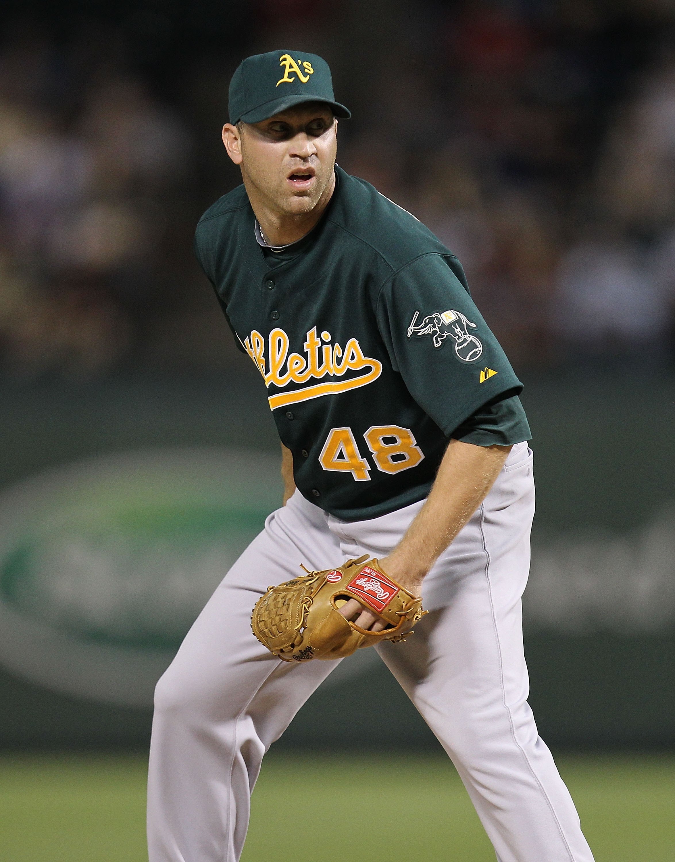 ARLINGTON, TX - MAY 11:  Pitcher Michael Wuertz #48 of the Oakland Athletics on May 11, 2010 at Rangers Ballpark in Arlington, Texas.  (Photo by Ronald Martinez/Getty Images)