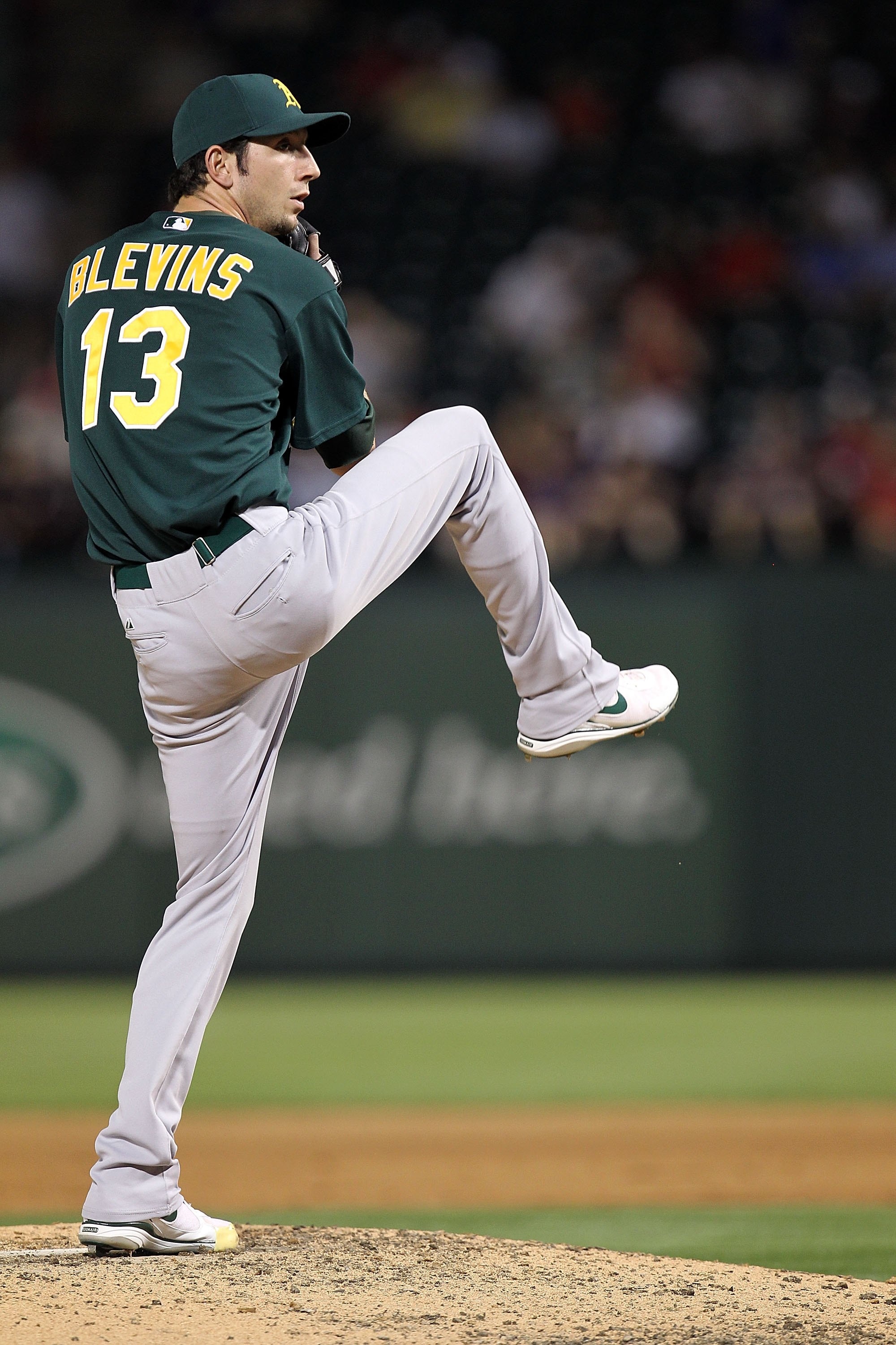ARLINGTON, TX - MAY 11:  Jerry Blevins #13 of the Oakland Athletics on May 11, 2010 at Rangers Ballpark in Arlington, Texas.  (Photo by Ronald Martinez/Getty Images)