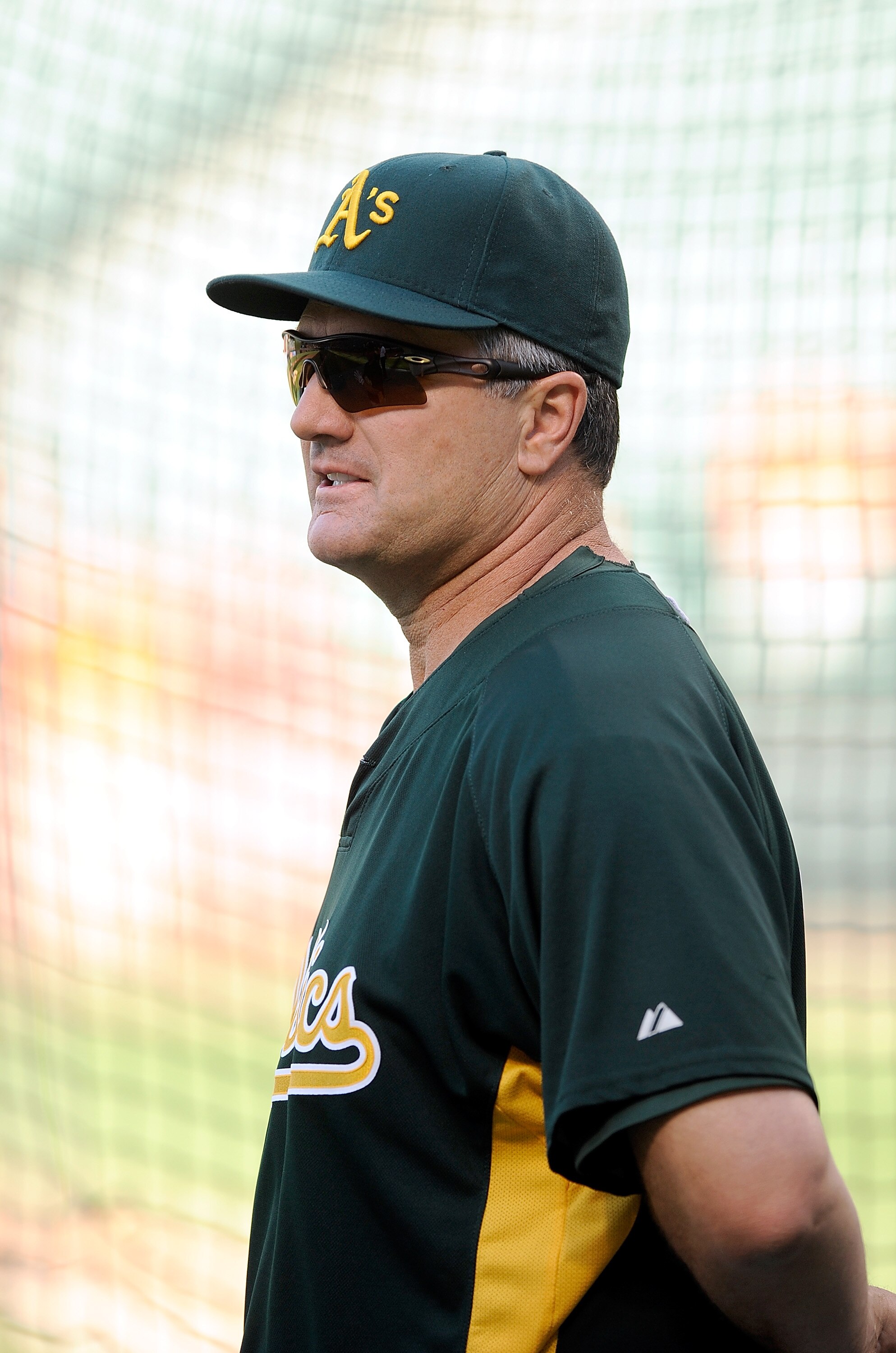 BALTIMORE - JUNE 30:  Manager Bob Geren of the Oakland Athletics watches batting practice before the game against the Baltimore Orioles at Camden Yards on June 30, 2010 in Baltimore, Maryland.  (Photo by Greg Fiume/Getty Images)