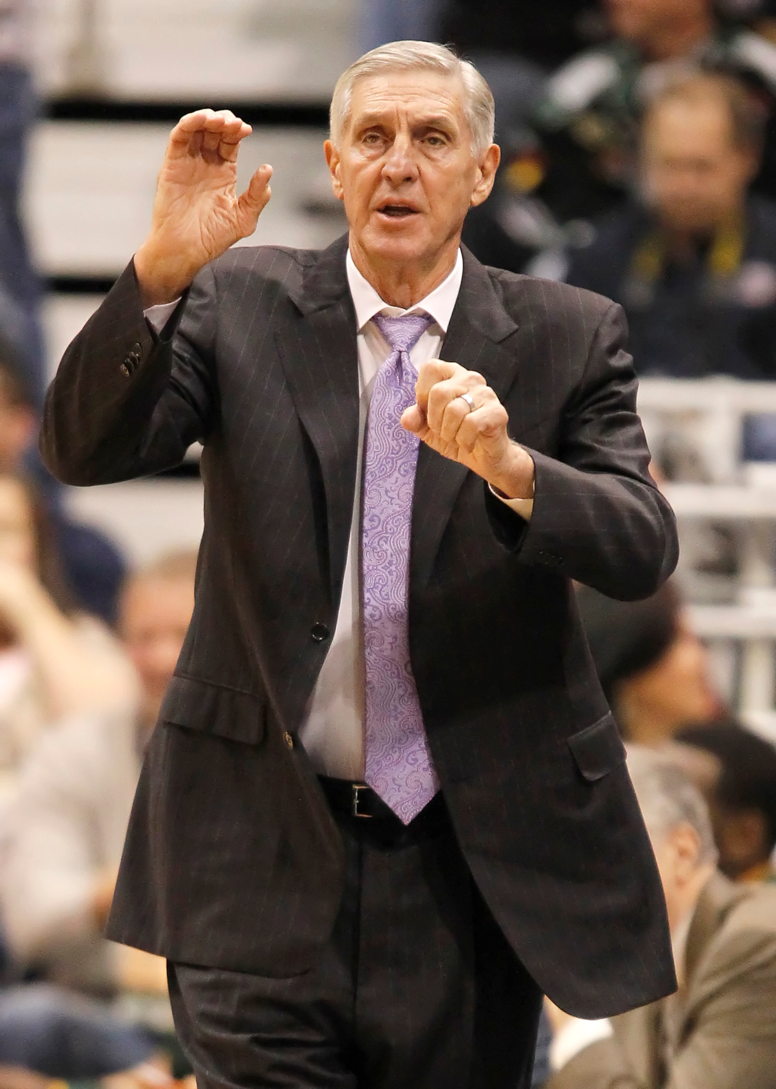 SALT LAKE CITY, UT - DECEMBER 8: Head coach of the Utah Jazz Jerry Sloan calls a play dueing a game against the Miami Heat during the first half of an NBA game December 8, 2010 at Energy Solutions Arena in Salt Lake City, Utah. The Heat beat the Jazz 111-
