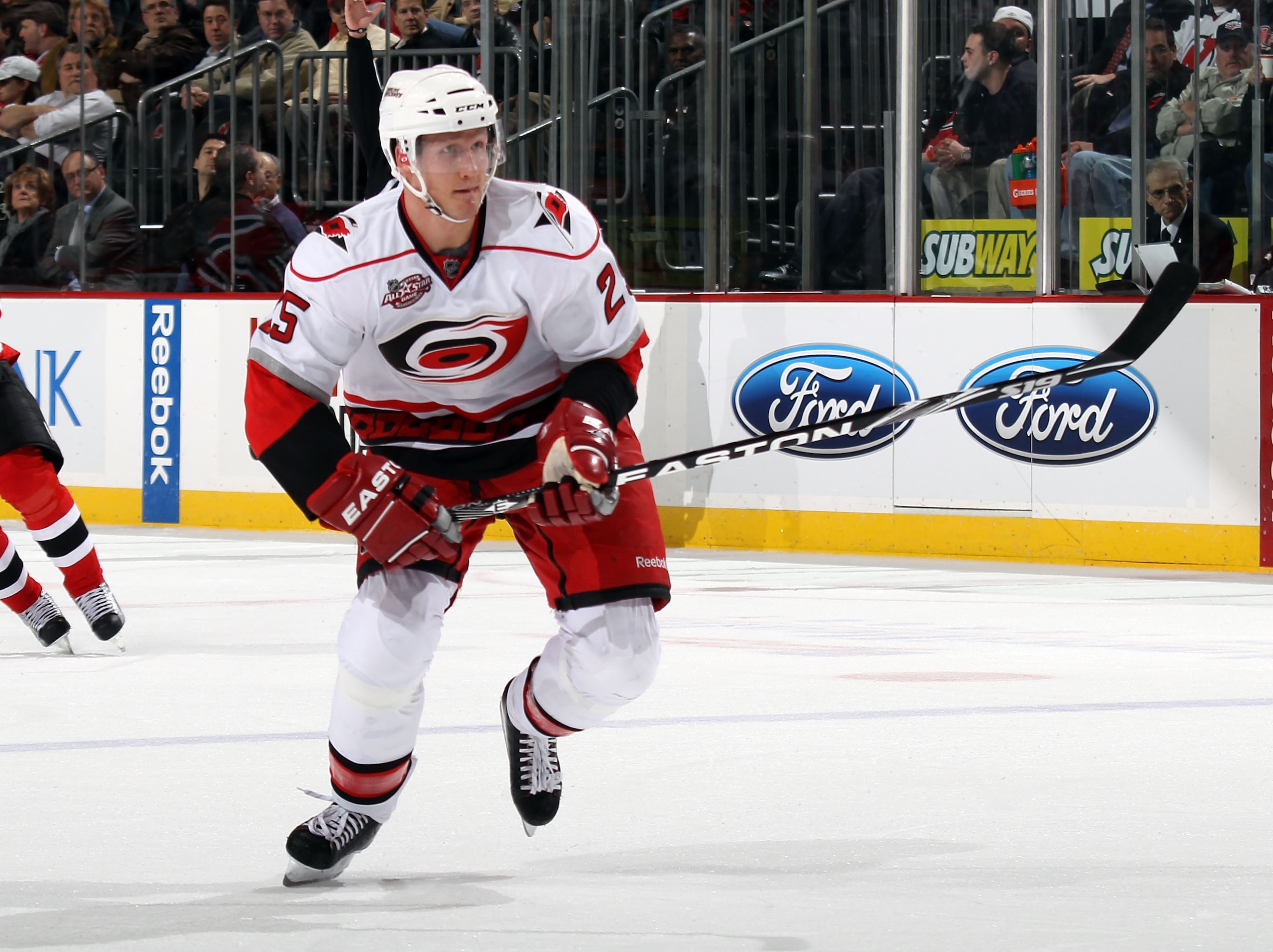 NEWARK, NJ - FEBRUARY 16:  Joni Pitkanen #25 of the Carolina Hurricanes skates against the New Jersey Devils at the Prudential Center on February 16, 2011 in Newark, New Jersey.  (Photo by Bruce Bennett/Getty Images)