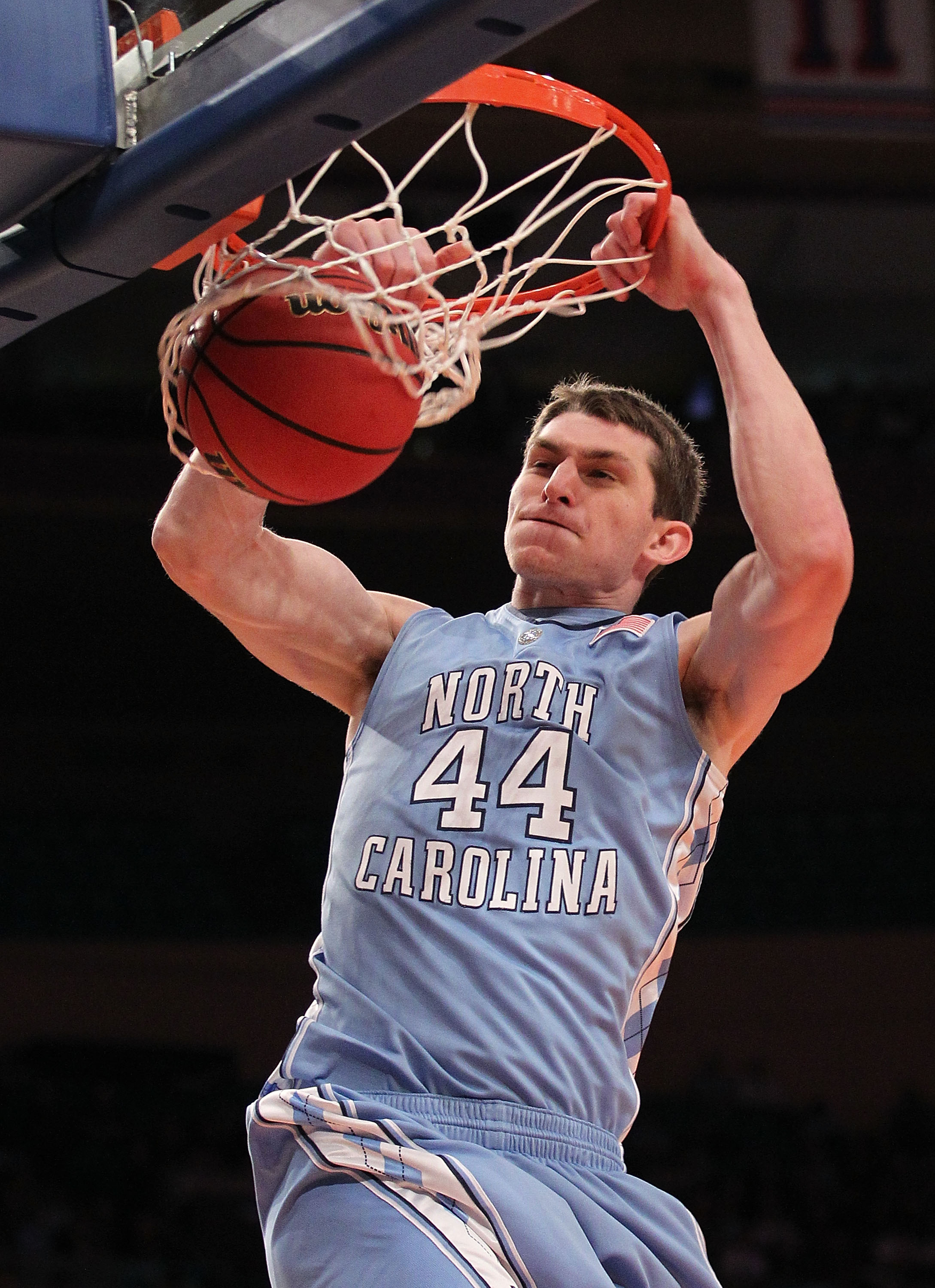 NEW YORK - MARCH 30: Tyler Zeller #44 of the North Carolina Tar Heels dunks the ball against Rhode Island Rams at Madison Square Garden on March 30, 2010 in New York, New York.  (Photo by Nick Laham/Getty Images)