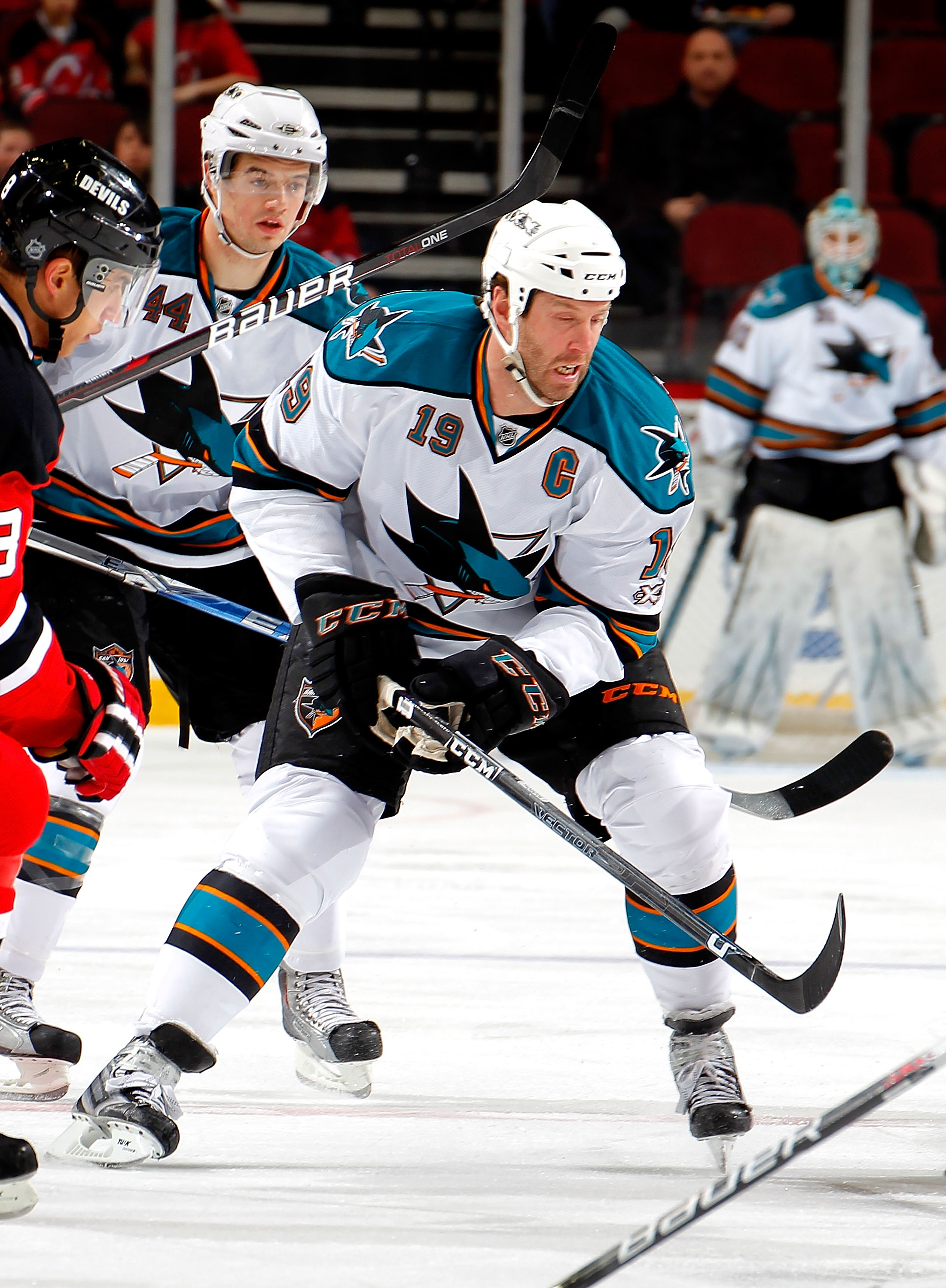 NEWARK, NJ - FEBRUARY 11: Joe Thornton #19 of the San Jose Sharks passes in an NHL hockey game against the New Jersey Devils on February 11, 2011 at the Prudential Center in Newark, New Jersey. (Photo by Paul Bereswill/Getty Images)