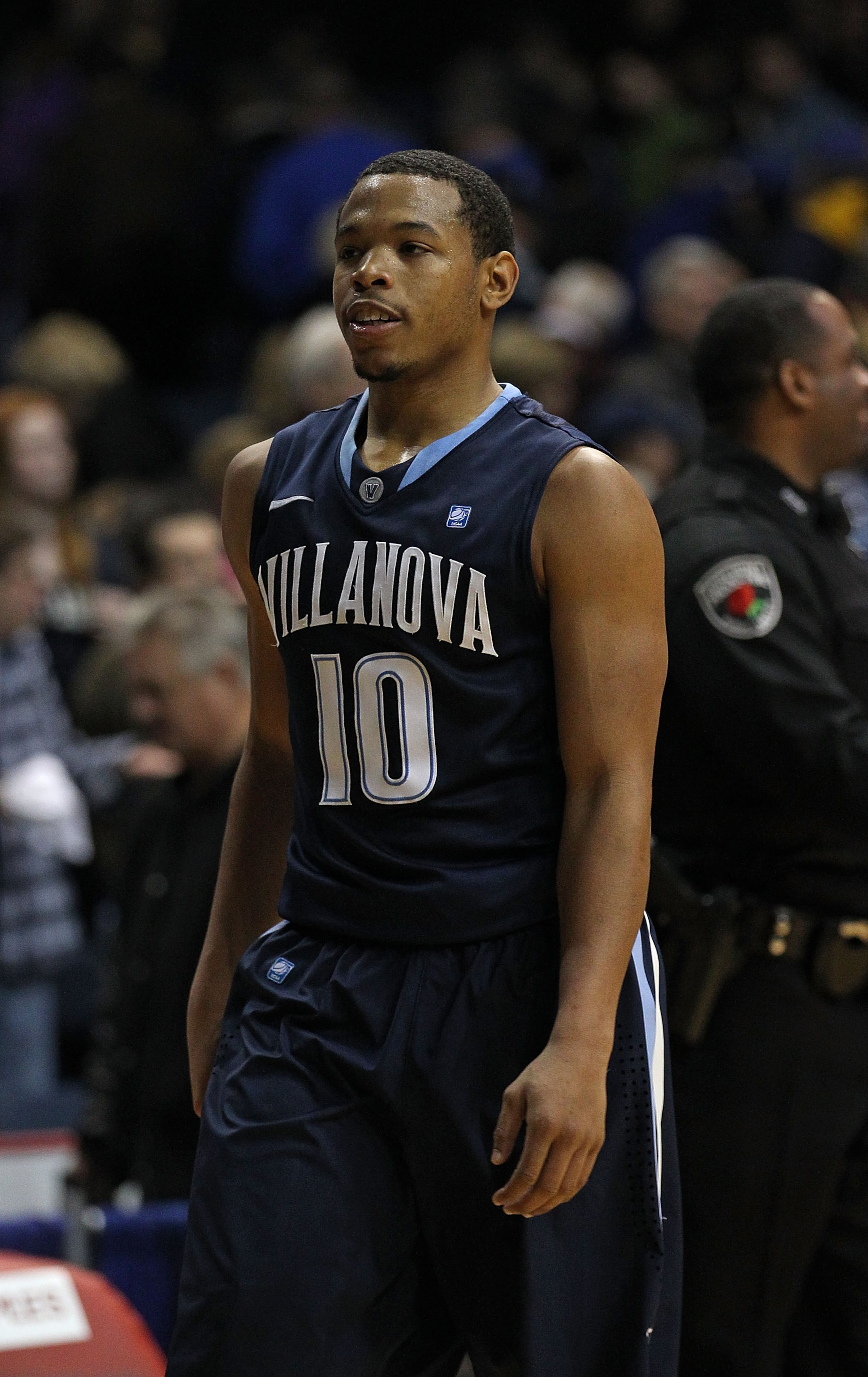 ROSEMONT, IL - FEBRUARY 19: Corey Fisher #10 of the Villanova Wildcats walks off of the court after scoring a game-high 34 points against the DePaul Blue Demons at the Allstate Arena on February 19, 2011 in Rosemont, Illinois. Villanova defeated DePaul 77