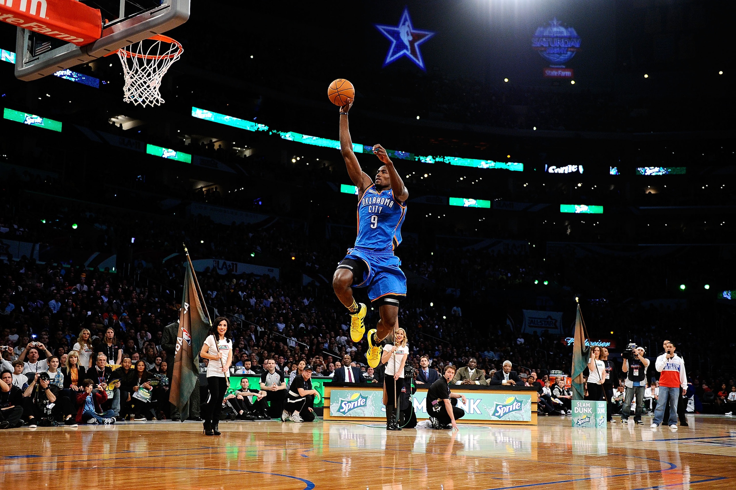 LOS ANGELES, CA - FEBRUARY 19: Serge Ibaka #9 of the Oklahoma City Thunder dunks the ball from the free throw line in the Sprite Slam Dunk Contest apart of NBA All-Star Saturday Night at Staples Center on February 19, 2011 in Los Angeles, California. NOT LOS ANGELES, CA - FEBRUARY 19: Serge Ibaka #9 of the Oklahoma City Thunder dunks the ball from the free throw line in the Sprite Slam Dunk Contest apart of NBA All-Star Saturday Night at Staples Center on February 19, 2011 in Los Angeles, California. NOT