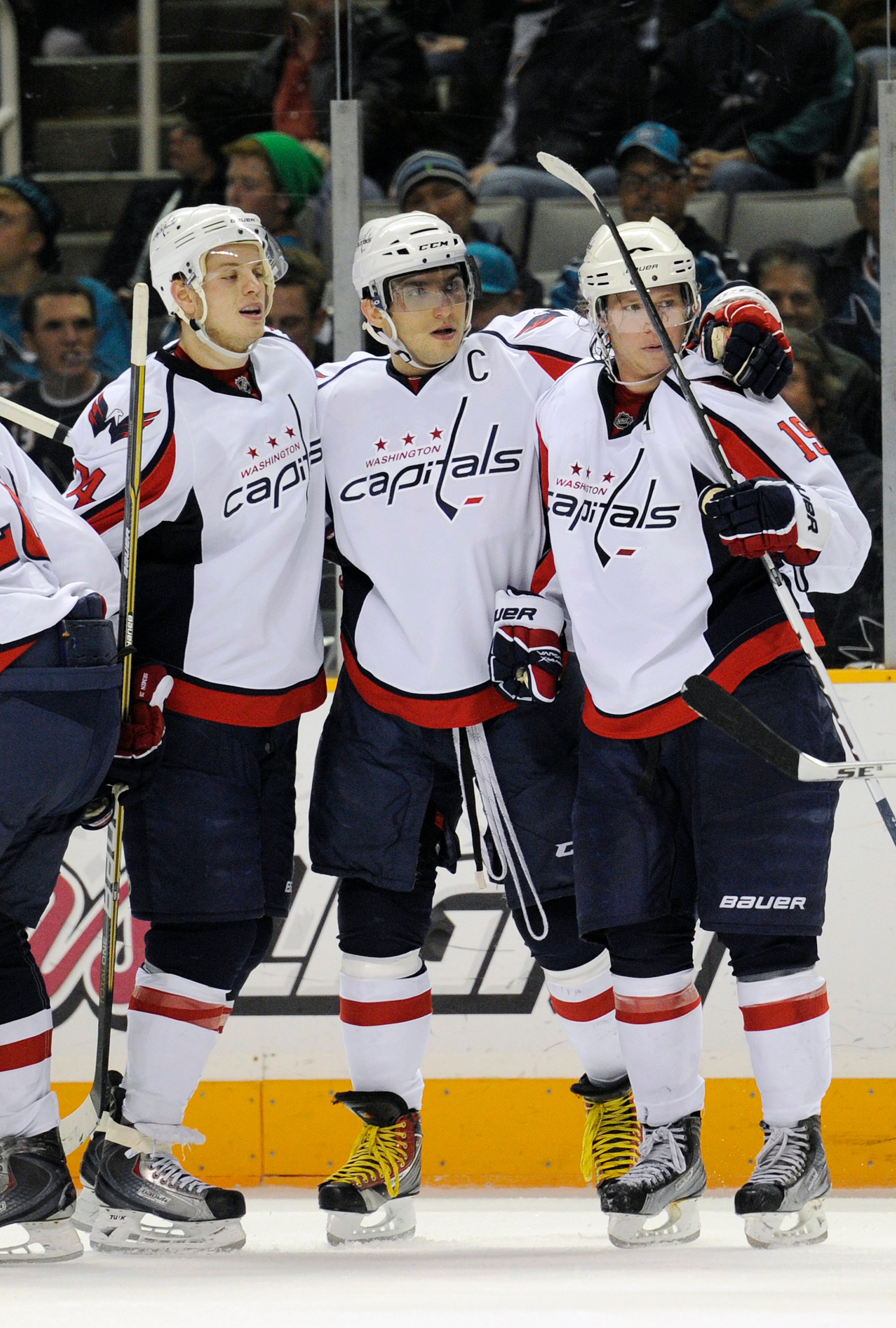 SAN JOSE, CA - FEBRUARY 17: Nicklas Backstrom #19 of the Washington Capitals celebrates with teammates John Carlson #74 and Alex Ovechkin #8 after scoring a goal against the San Jose Sharks in the third period during an NHL hockey game at the HP Pavilion SAN JOSE, CA - FEBRUARY 17: Nicklas Backstrom #19 of the Washington Capitals celebrates with teammates John Carlson #74 and Alex Ovechkin #8 after scoring a goal against the San Jose Sharks in the third period during an NHL hockey game at the HP Pavilion