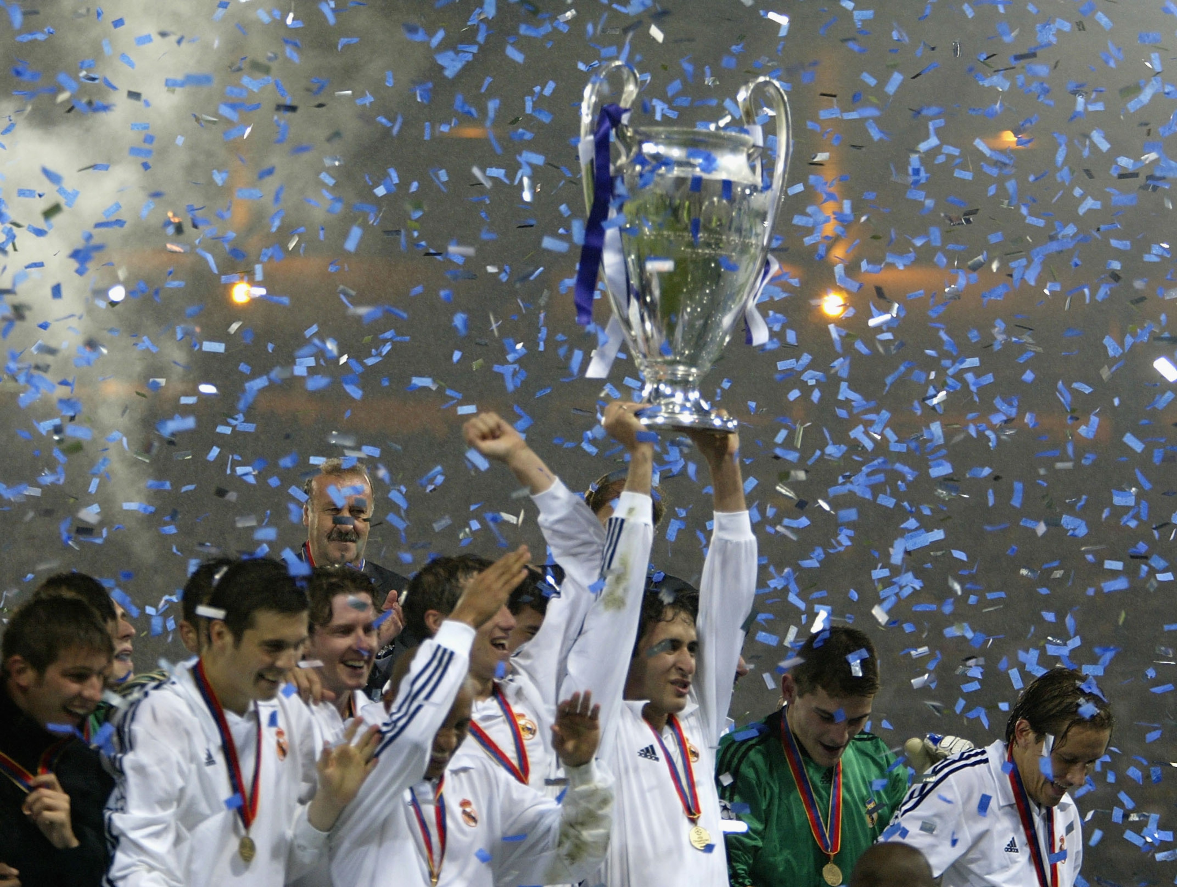 GLASGOW, GREAT BRITAIN - May 15:  Raul of Real Madrid lifts the trophy after victory in the UEFA Champions League Final between Real Madrid and Bayer Leverkusen played at Hampden Park, Glasgow on May 15, 2002. (Photo by Gary M Prior/Getty Images)