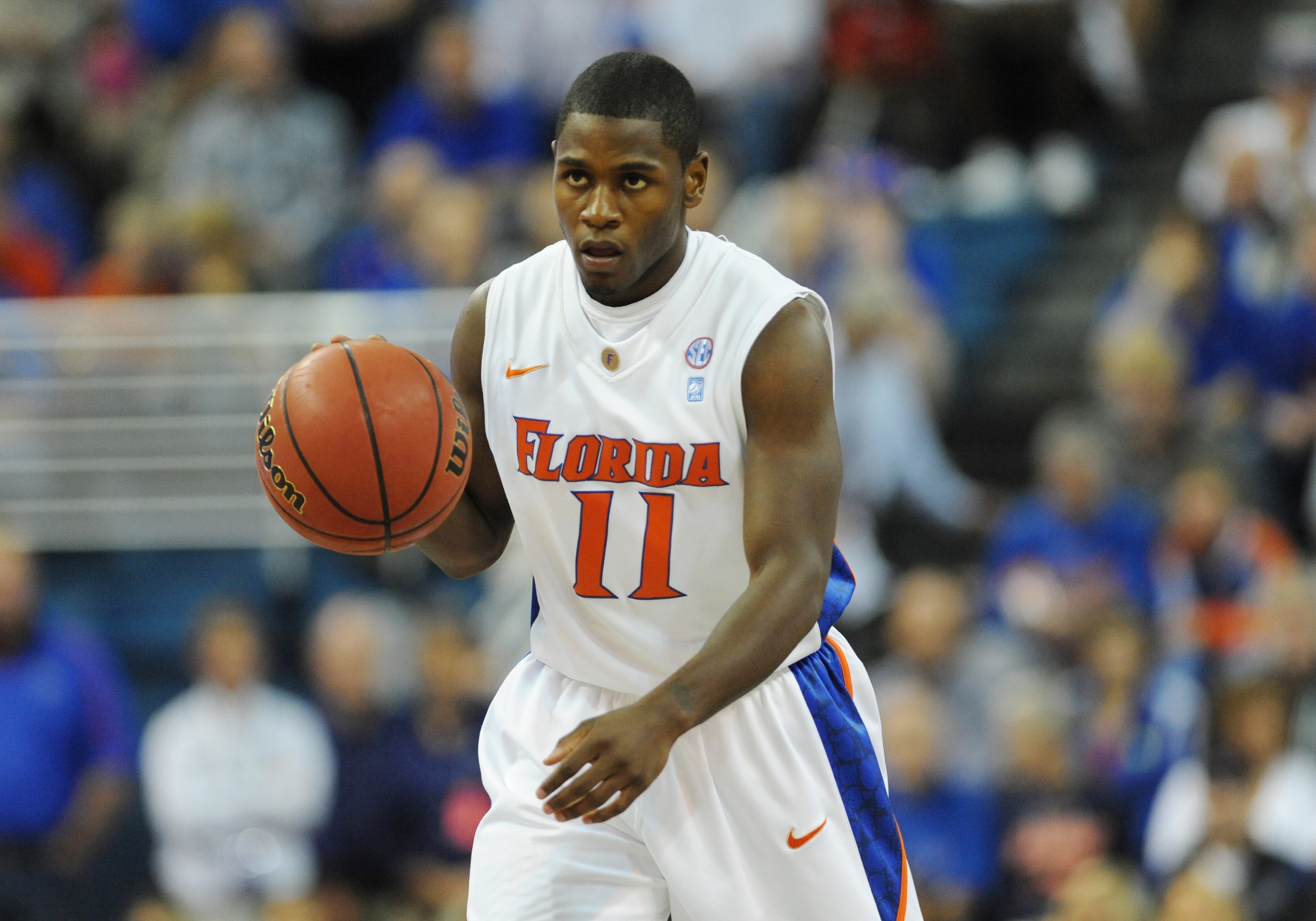 GAINESVILLE, FL - NOVEMBER 16: Guard Erving Walker #11 of the Florida Gators plays against the Ohio State Buckeyes November 16, 2010 at the Stephen C. O'Connell Center in Gainesville, Florida.  (Photo by Al Messerschmidt/Getty Images)