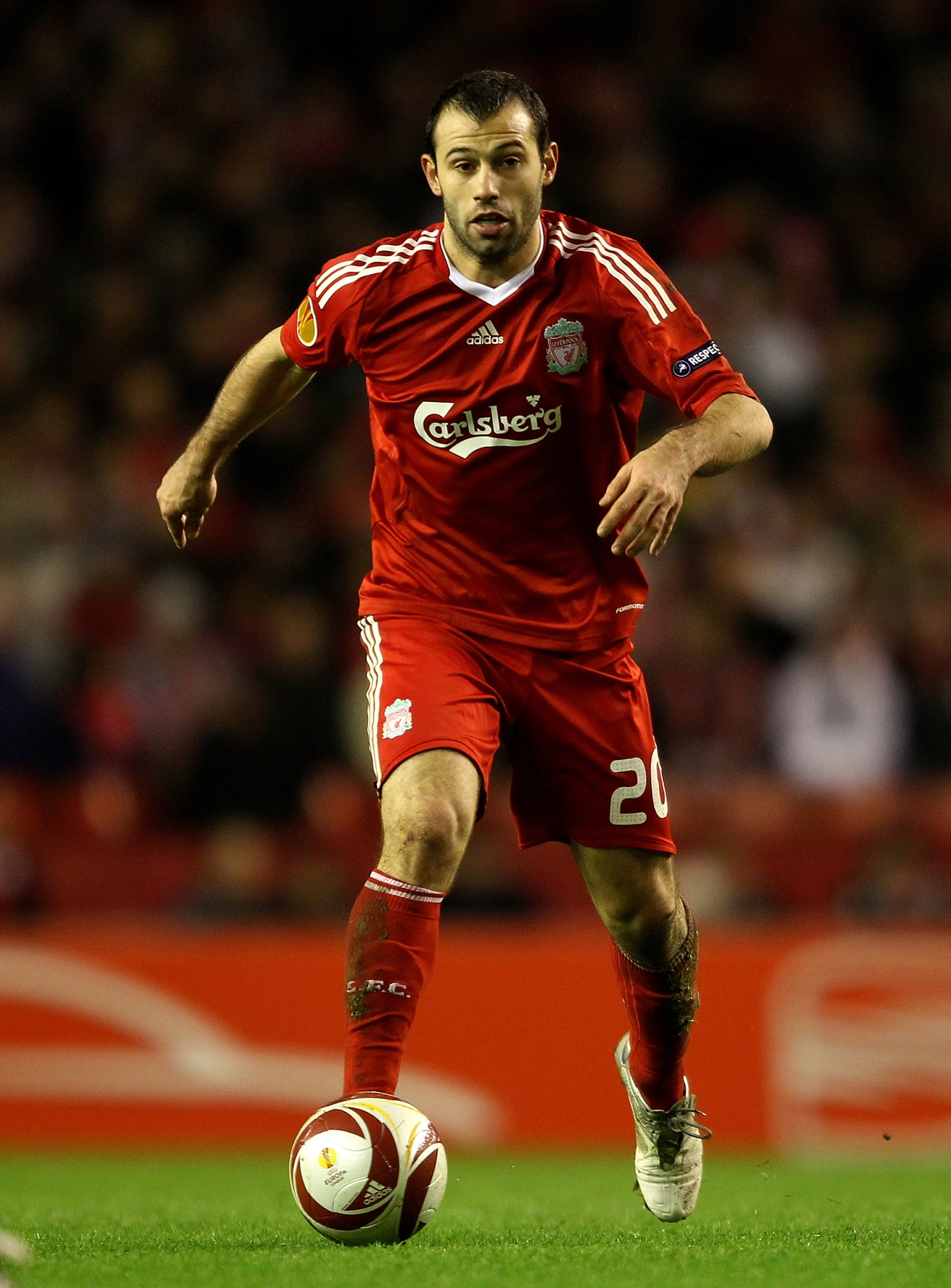 LIVERPOOL, ENGLAND - FEBRUARY 18:  Javier Mascherano of Liverpool in action during the UEFA Europa League Round 32 first leg match between Liverpool and Unirea Urzicen at Anfield on February 18, 2010 in Liverpool, England.  (Photo by Clive Brunskill/Getty