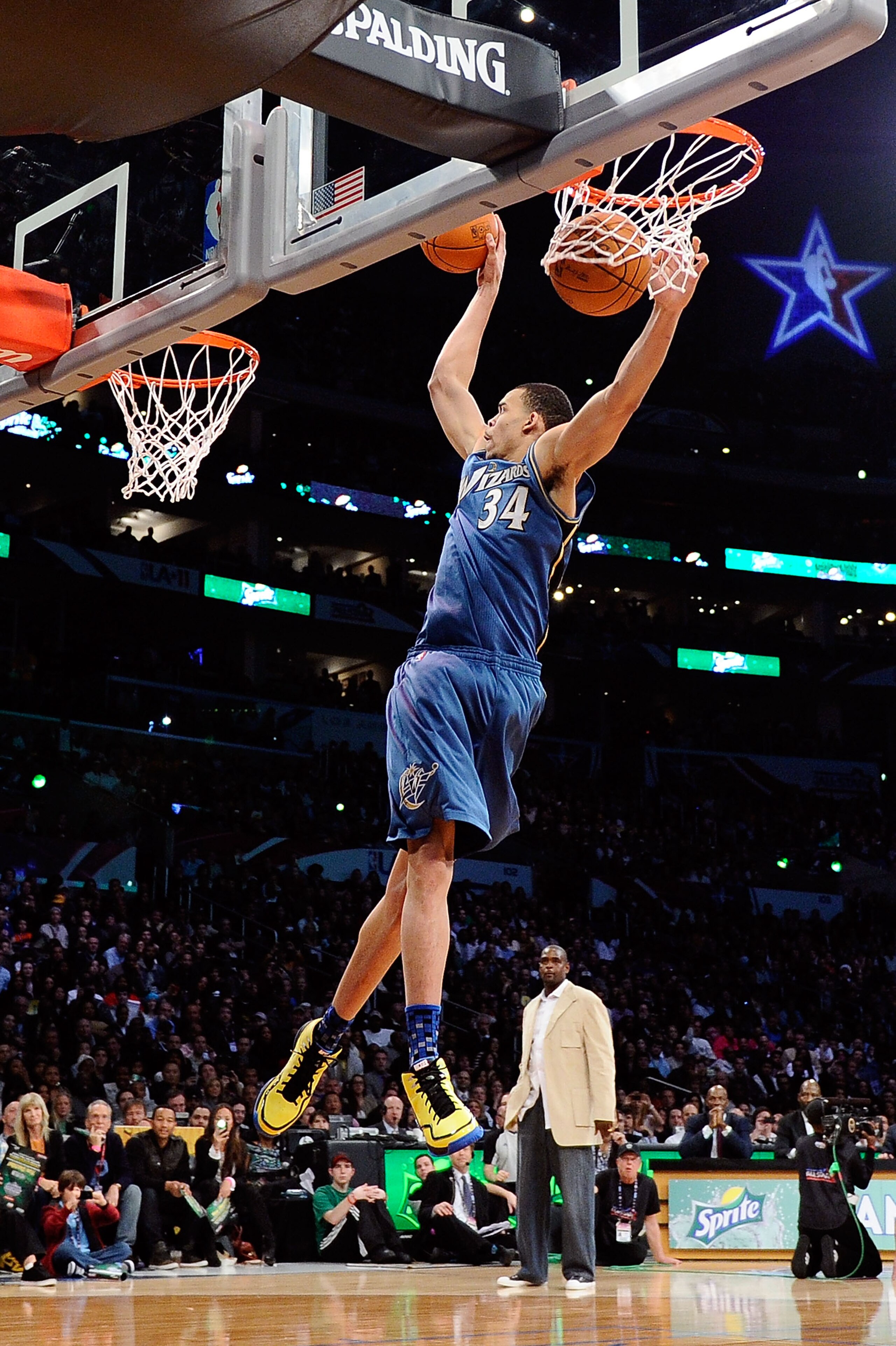 LOS ANGELES, CA - FEBRUARY 19: JaVale McGee #34 of the Washington Wizards dunks two balls on the same jump in the first round of the Sprite Slam Dunk Contest apart of NBA All-Star Saturday Night at Staples Center on February 19, 2011 in Los Angeles, Cali LOS ANGELES, CA - FEBRUARY 19: JaVale McGee #34 of the Washington Wizards dunks two balls on the same jump in the first round of the Sprite Slam Dunk Contest apart of NBA All-Star Saturday Night at Staples Center on February 19, 2011 in Los Angeles, Cali
