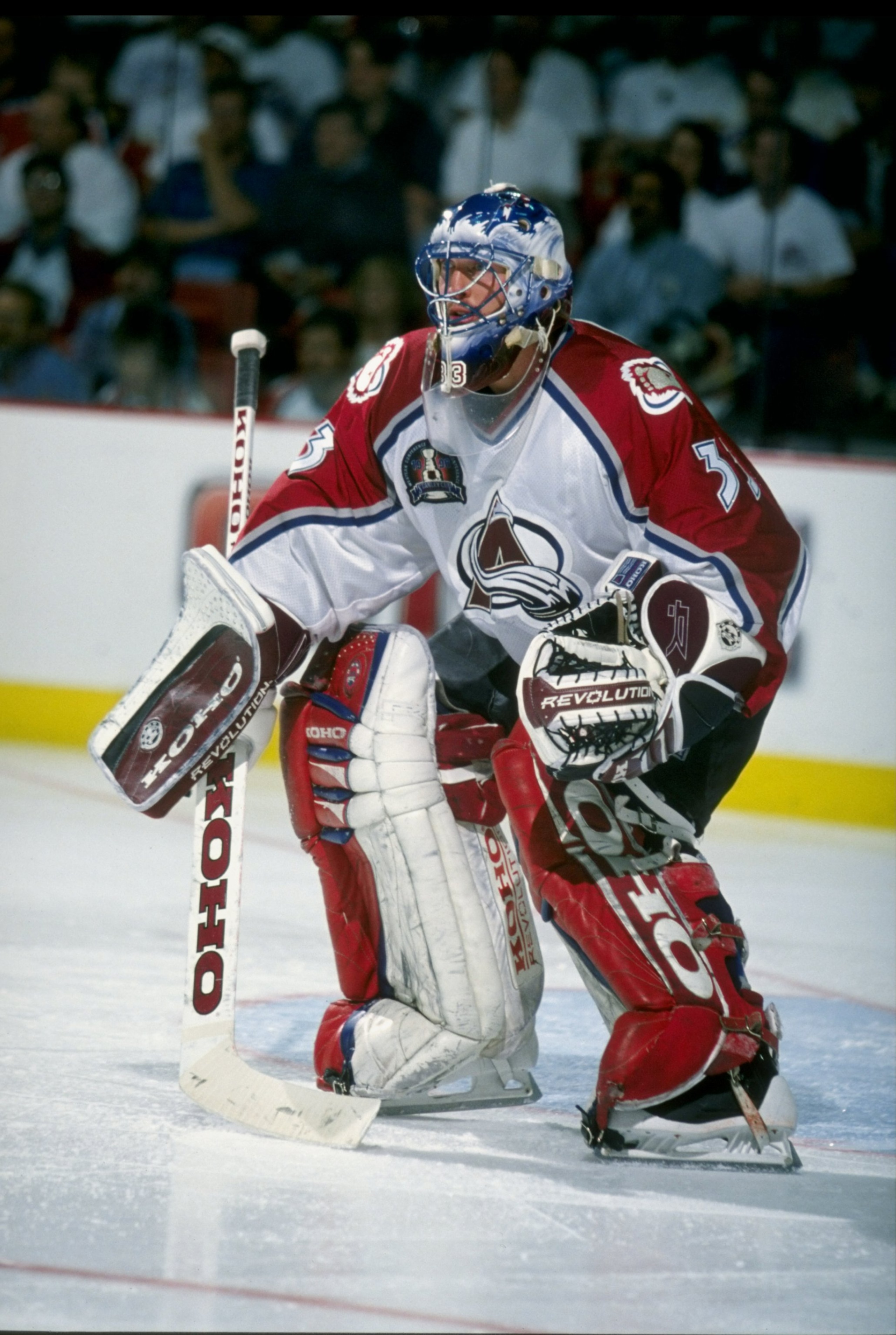 6 Jun 1996: Goaltender Patrick Roy of the Colorado Avalanche in action during a playoff game against the Florida Panthers at the McNichols Arena in Denver, Colorado. The Avalanche won the game 8-1. Mandatory Credit: Al Bello /Allsport 6 Jun 1996: Goaltender Patrick Roy of the Colorado Avalanche in action during a playoff game against the Florida Panthers at the McNichols Arena in Denver, Colorado. The Avalanche won the game 8-1. Mandatory Credit: Al Bello /Allsport