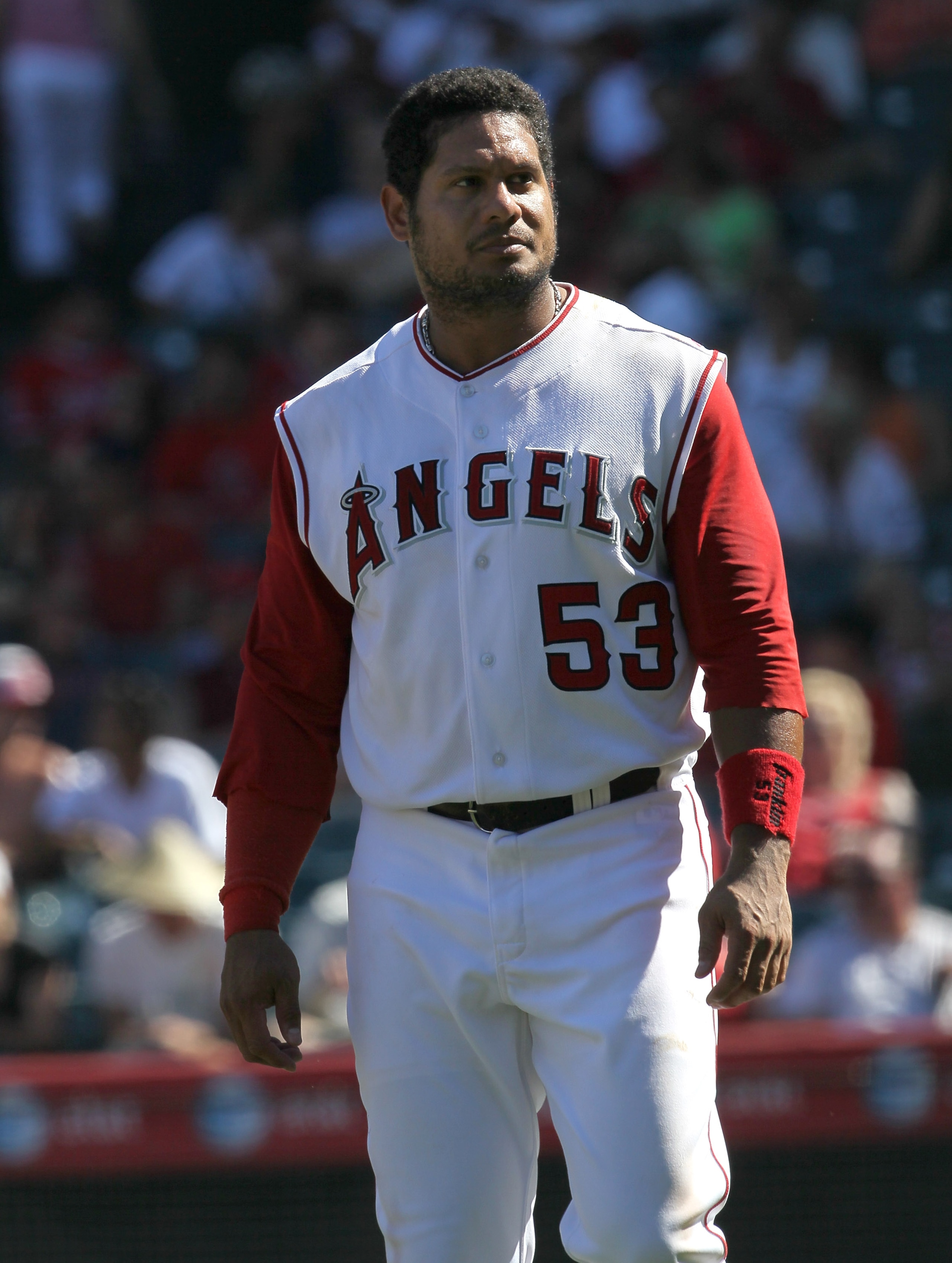 ANAHEIM, CA - SEPTEMBER 26:  Bobby Abreu #53 of the Los Angeles Angels of Anaheim reacts after his check swing was ruled strike three for the final out of the seventh inning with a runner on  second against the Chicago White Sox on September 26, 2010 at A