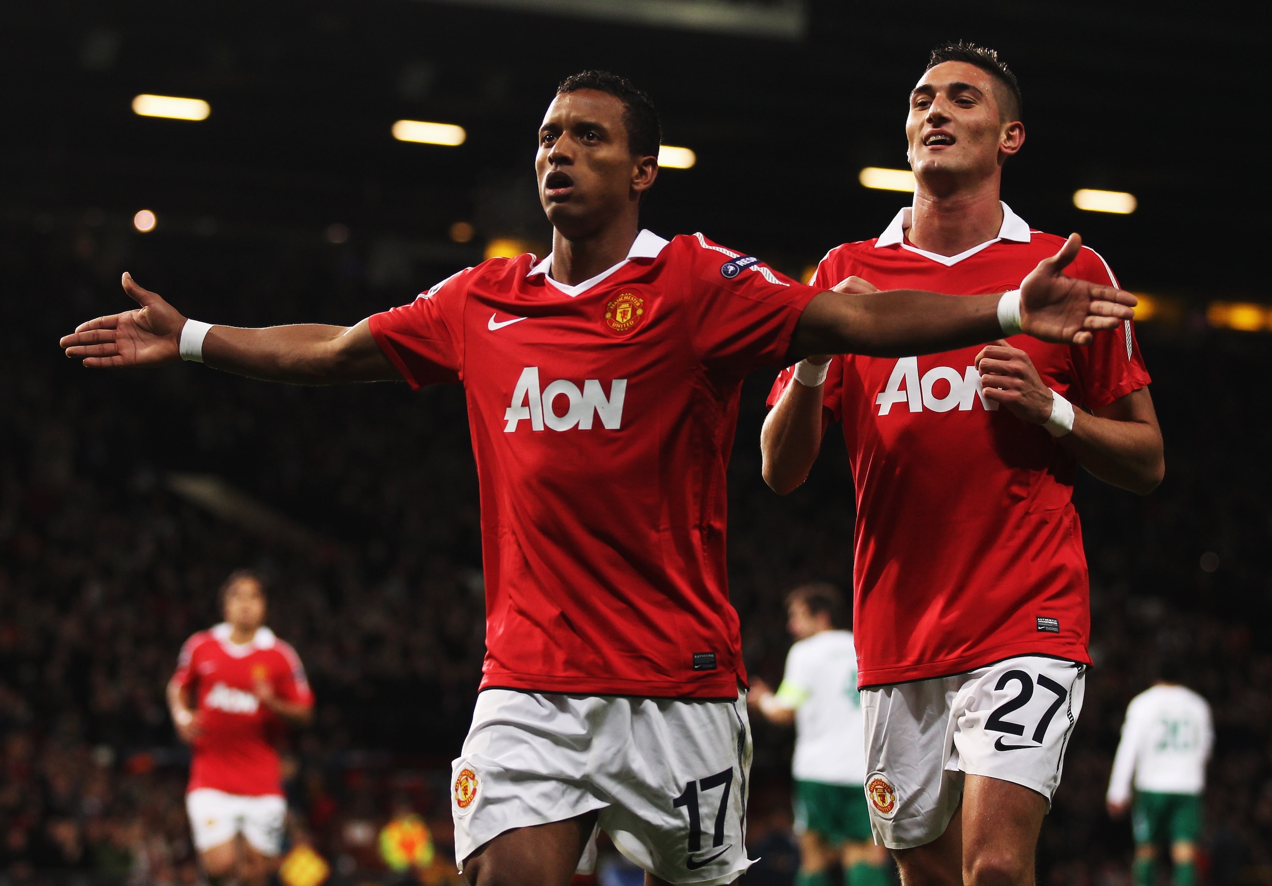 MANCHESTER, ENGLAND - OCTOBER 20: Luis Nani of Manchester United celebrates with Federico Macheda (R) as he scores their first goal during the UEFA Champions League Group C match between Manchester United and Bursaspor Kulubu at Old Trafford on October 2 MANCHESTER, ENGLAND - OCTOBER 20: Luis Nani of Manchester United celebrates with Federico Macheda (R) as he scores their first goal during the UEFA Champions League Group C match between Manchester United and Bursaspor Kulubu at Old Trafford on October 2