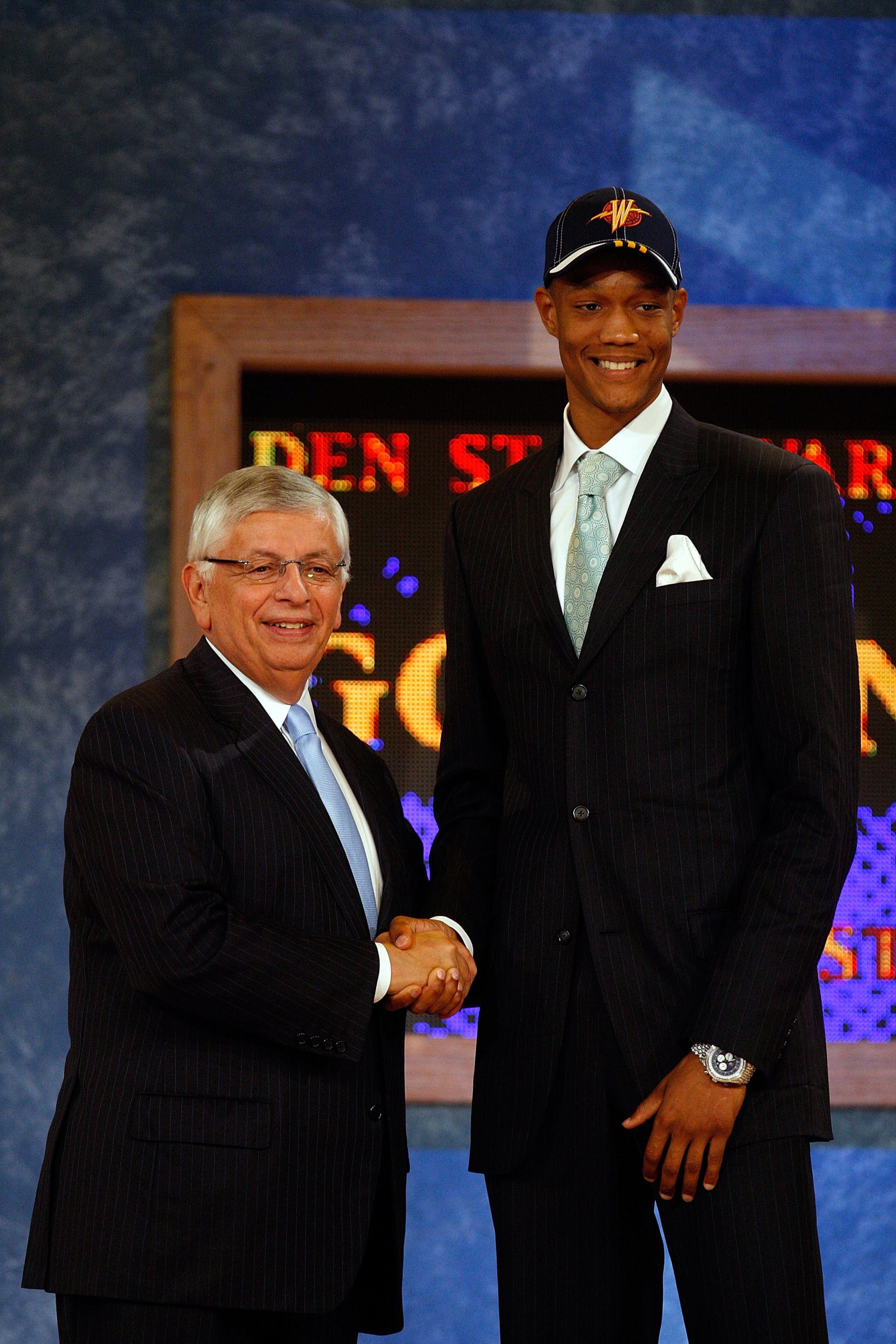 NEW YORK - JUNE 26:  NBA Commissioner David Stern shakes hands with number fourteen draft pick for the Golden State Warriors, Anthony Randolph during the 2008 NBA Draft at the Wamu Theatre at Madison Square Garden June 26, 2008 in New York City. NOTE TO U