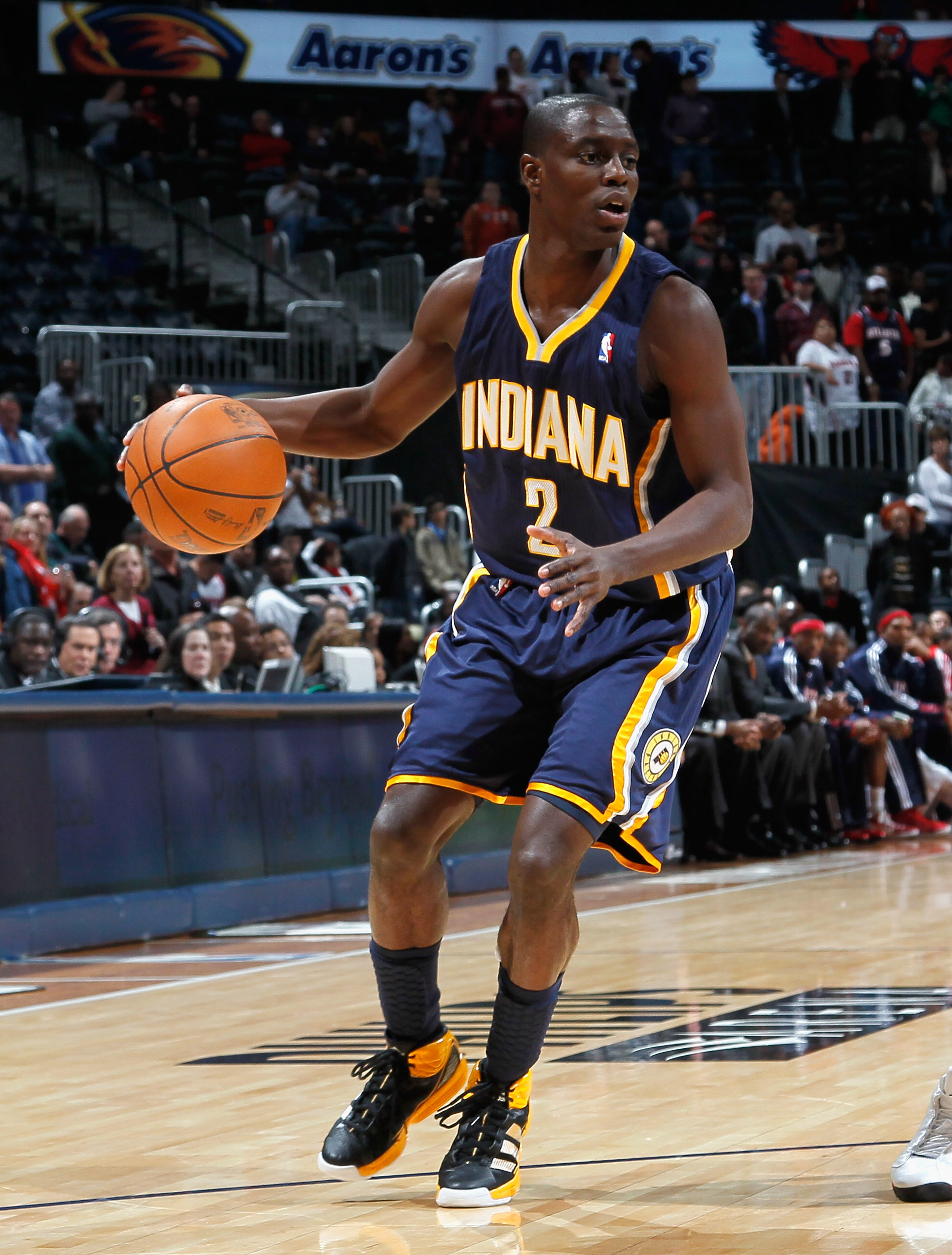 ATLANTA, GA - DECEMBER 11:  Darren Collison #2 of the Indiana Pacers against the Atlanta Hawks at Philips Arena on December 11, 2010 in Atlanta, Georgia.  NOTE TO USER: User expressly acknowledges and agrees that, by downloading and/or using this Photogra