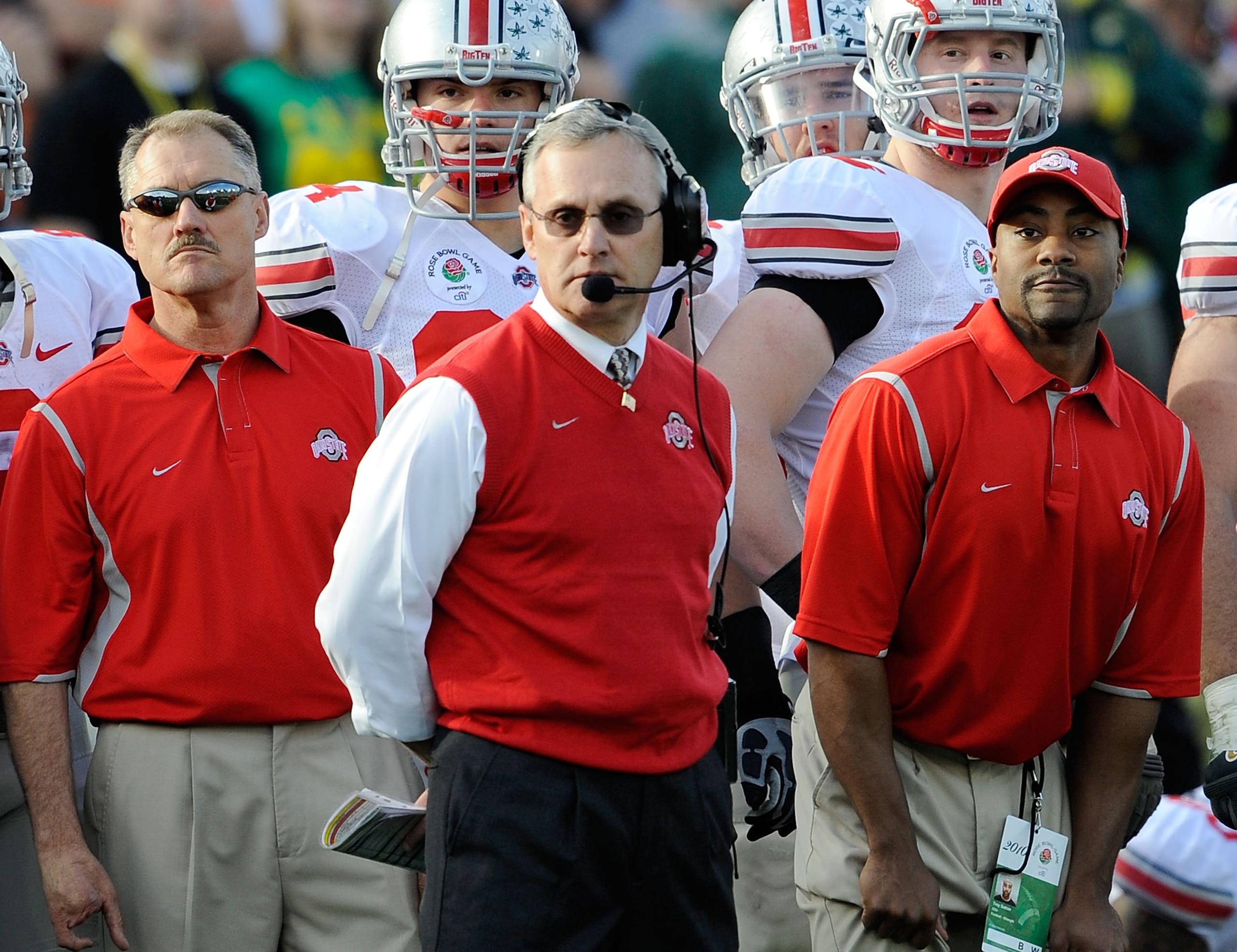 PASADENA, CA - JANUARY 01:  Head coach Jim Tressel of the Ohio State Buckeyes is seen during the 96th Rose Bowl game against the Oregon Ducks on January 1, 2010 in Pasadena, California.  (Photo by Kevork Djansezian/Getty Images)