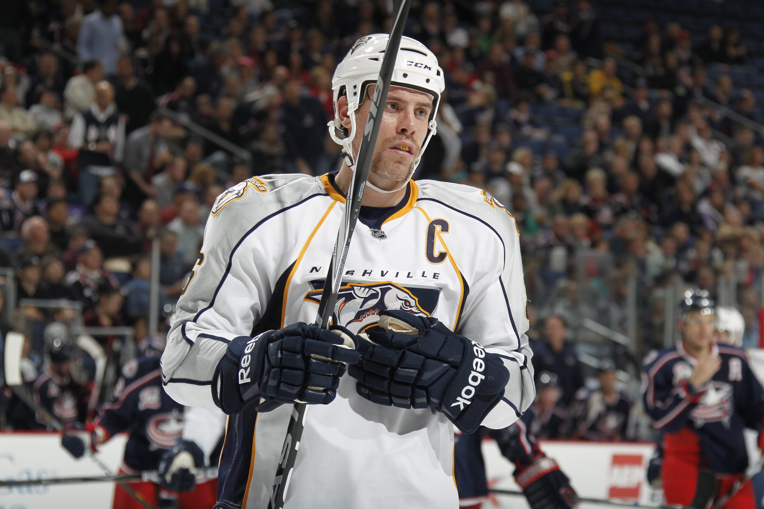COLUMBUS, OHIO - NOVEMBER 22: Shea Weber #6 of the  Nashville Predators looks on during the game against Columbus Blue Jackets at Nationwide Areana on November 22, 2010 in Columbus, Ohio. (Photo by Gregory Shamus/Getty Images)