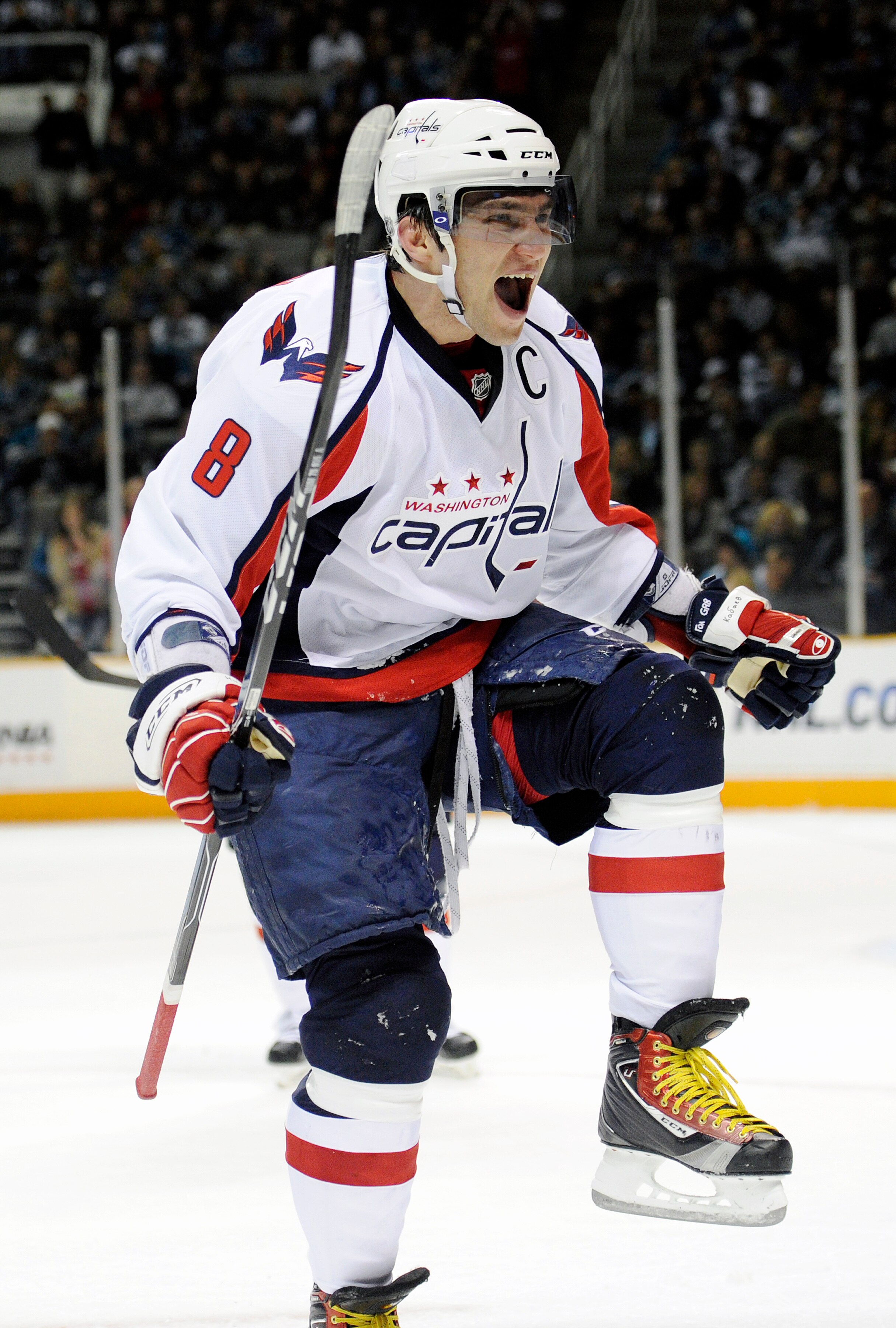 SAN JOSE, CA - FEBRUARY 17: Alex Ovechkin #8 of the Washington Capitals celebrates after scoring a goal against the San Jose Sharks in the first period during an NHL hockey game at the HP Pavilion on February 17, 2011 in San Jose, California. (Photo by Th
