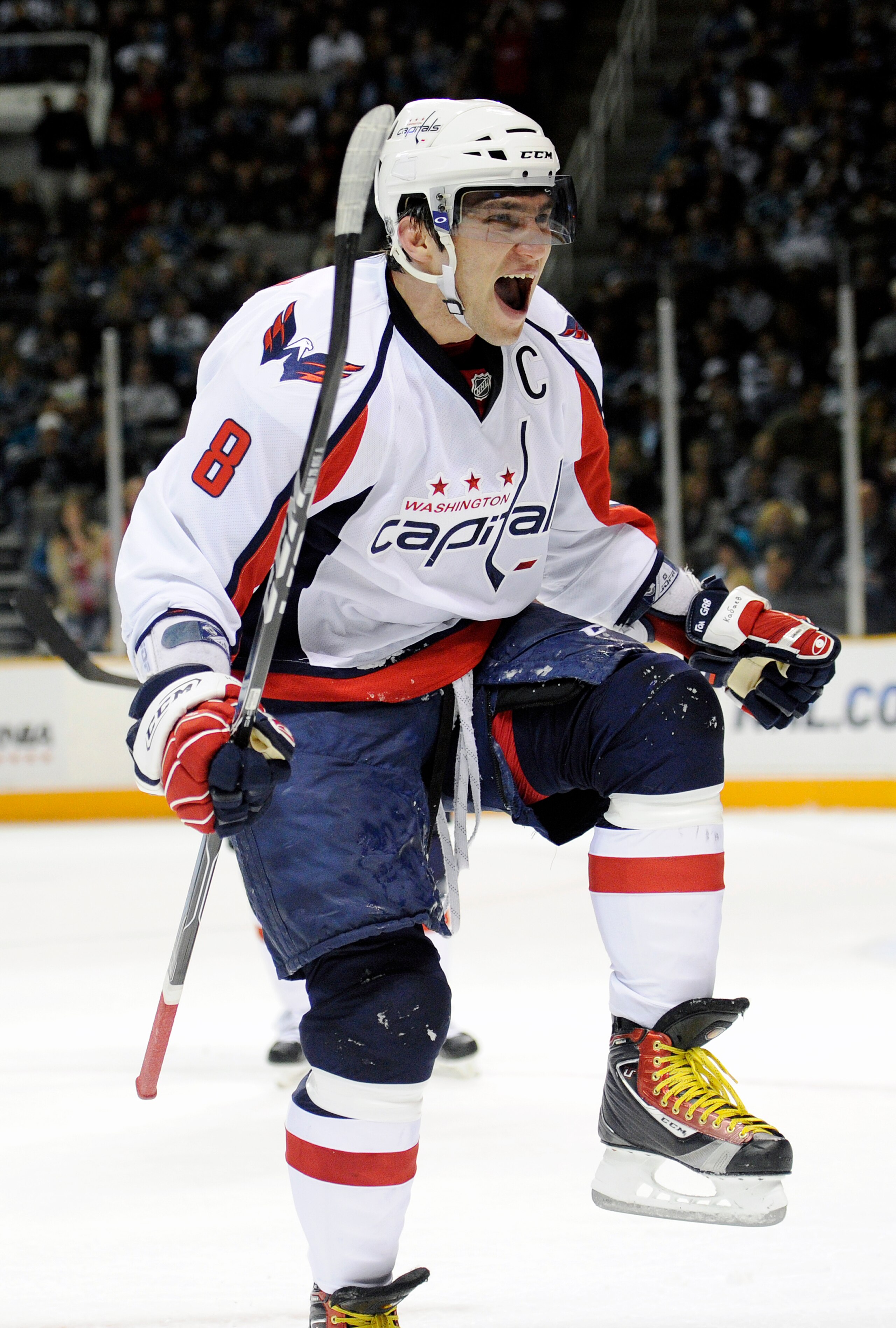 SAN JOSE, CA - FEBRUARY 17: Alex Ovechkin #8 of the Washington Capitals celebrates after scoring a goal against the San Jose Sharks in the first period during an NHL hockey game at the HP Pavilion on February 17, 2011 in San Jose, California. (Photo by Th SAN JOSE, CA - FEBRUARY 17: Alex Ovechkin #8 of the Washington Capitals celebrates after scoring a goal against the San Jose Sharks in the first period during an NHL hockey game at the HP Pavilion on February 17, 2011 in San Jose, California. (Photo by Th