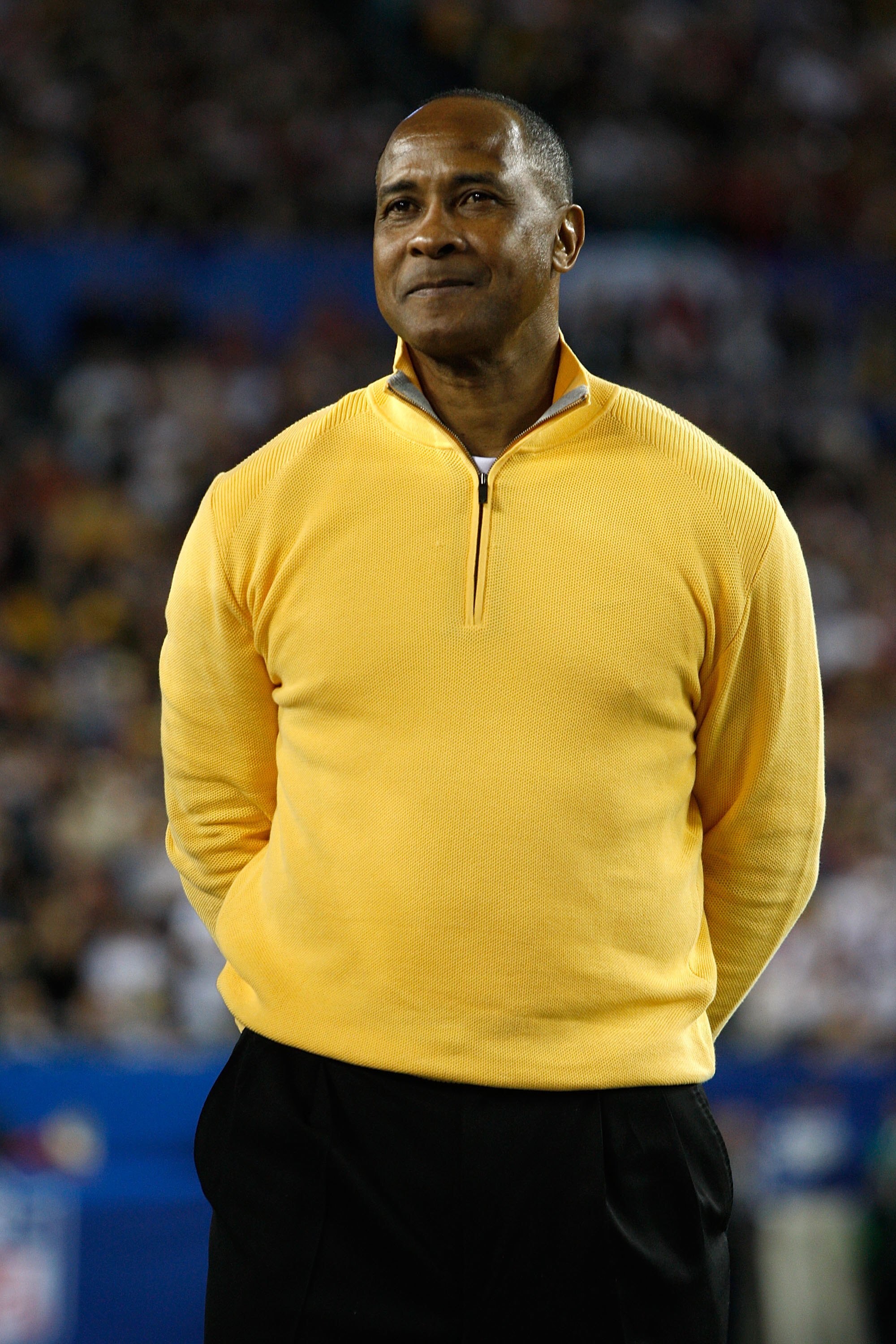 TAMPA, FL - FEBRUARY 01:  Hall of fame player and current broadcaster Lynn Swann on the field prior to Super Bowl XLIII between the Arizona Cardinals and the Pittsburgh Steelers on February 1, 2009 at Raymond James Stadium in Tampa, Florida.  (Photo by Ja