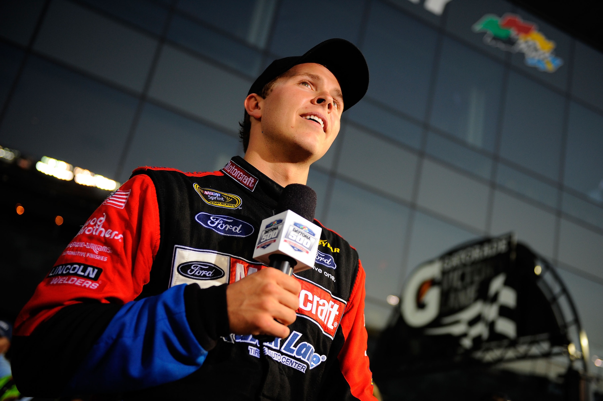 DAYTONA BEACH, FL - FEBRUARY 20: Trevor Bayne, driver of the #21 Motorcraft/Quick Lane Ford, celebrates in Victory Lane after winning the NASCAR Sprint Cup Series Daytona 500 at Daytona International Speedway on February 20, 2011 in Daytona Beach, Florid DAYTONA BEACH, FL - FEBRUARY 20: Trevor Bayne, driver of the #21 Motorcraft/Quick Lane Ford, celebrates in Victory Lane after winning the NASCAR Sprint Cup Series Daytona 500 at Daytona International Speedway on February 20, 2011 in Daytona Beach, Florid