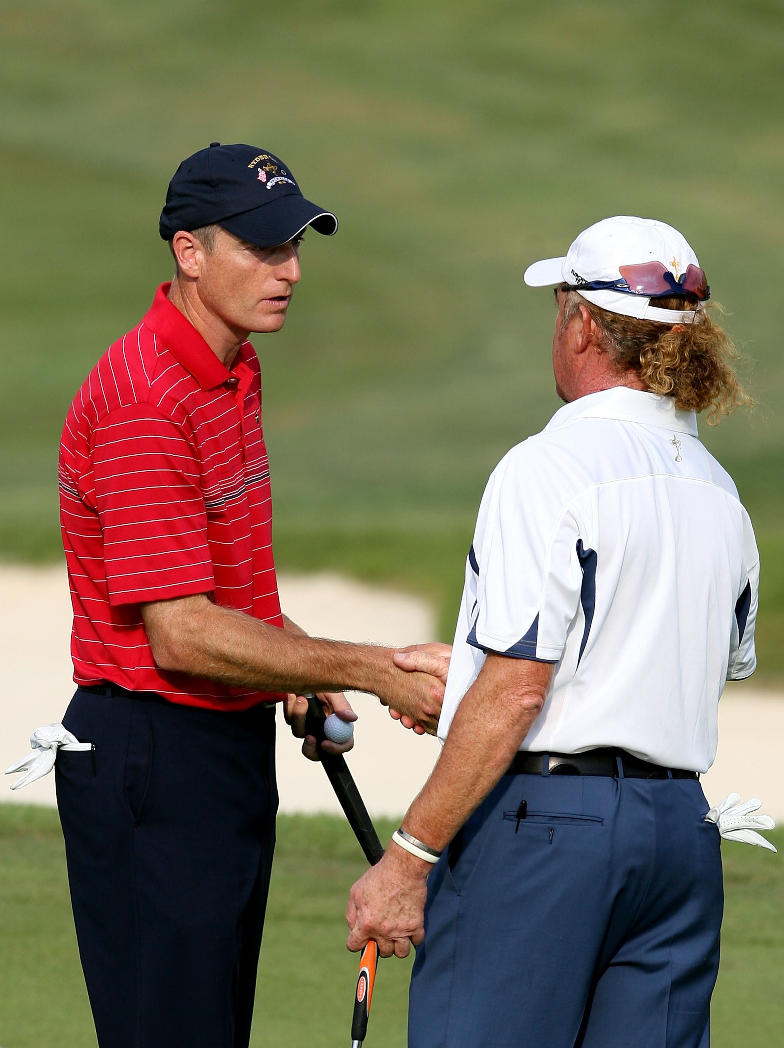 LOUISVILLE, KY - SEPTEMBER 21:  Jim Furyk of the USA team shakes hands with Miguel Angel Jimenez of Europe after defeating Jimenez 2 & 1 to secure the Ryder Cup for the USA during the final day of the 2008 Ryder Cup at Valhalla Golf Club on September 21,