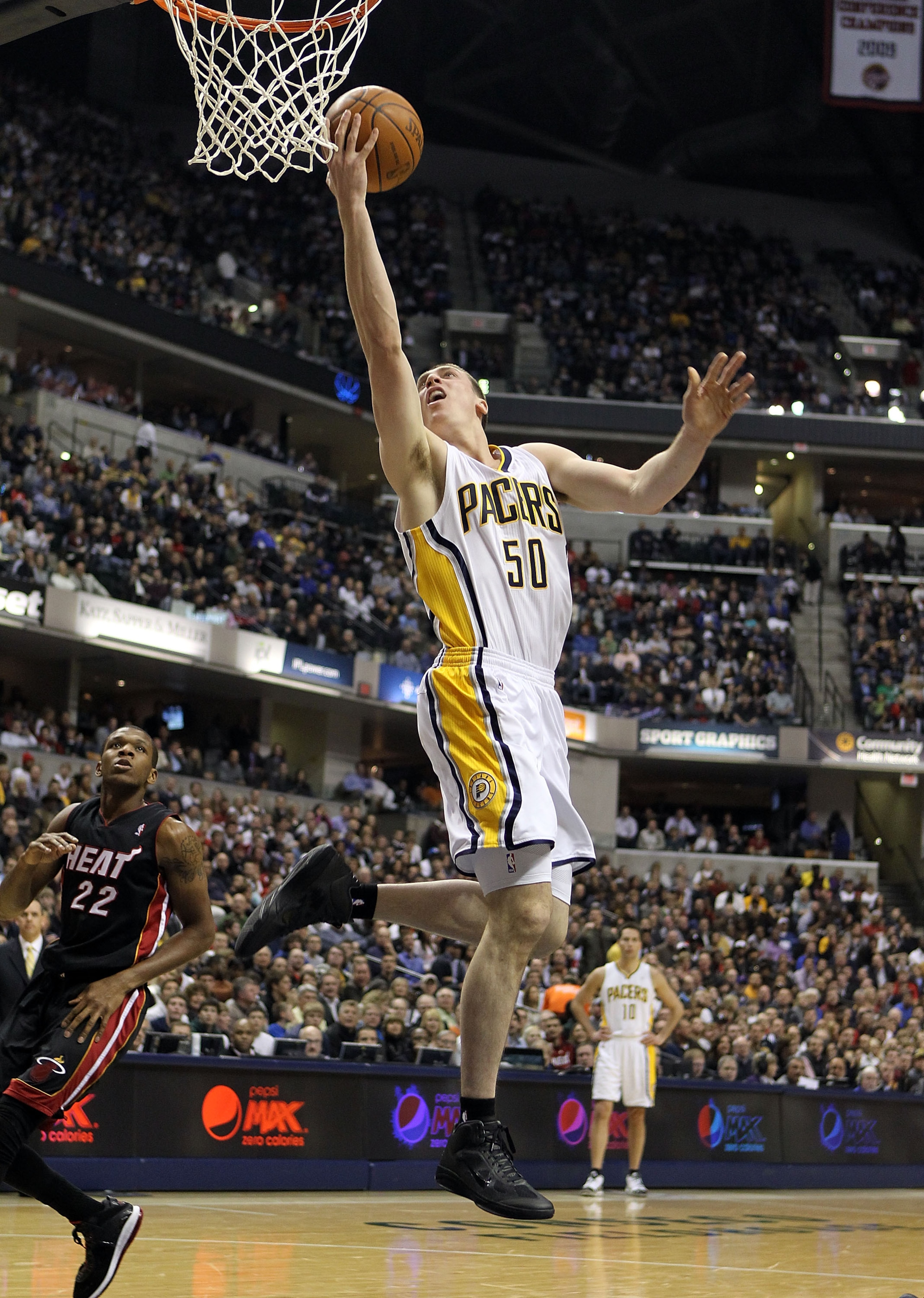 INDIANAPOLIS - FEBRUARY 15:  Tyler Hansbrough #50 of the Indiana Pacers shoots the ball during the NBA game against the  Miami Heat at Conseco Fieldhouse on February 15, 2011 in Indianapolis, Indiana.   NOTE TO USER: User expressly acknowledges and agrees