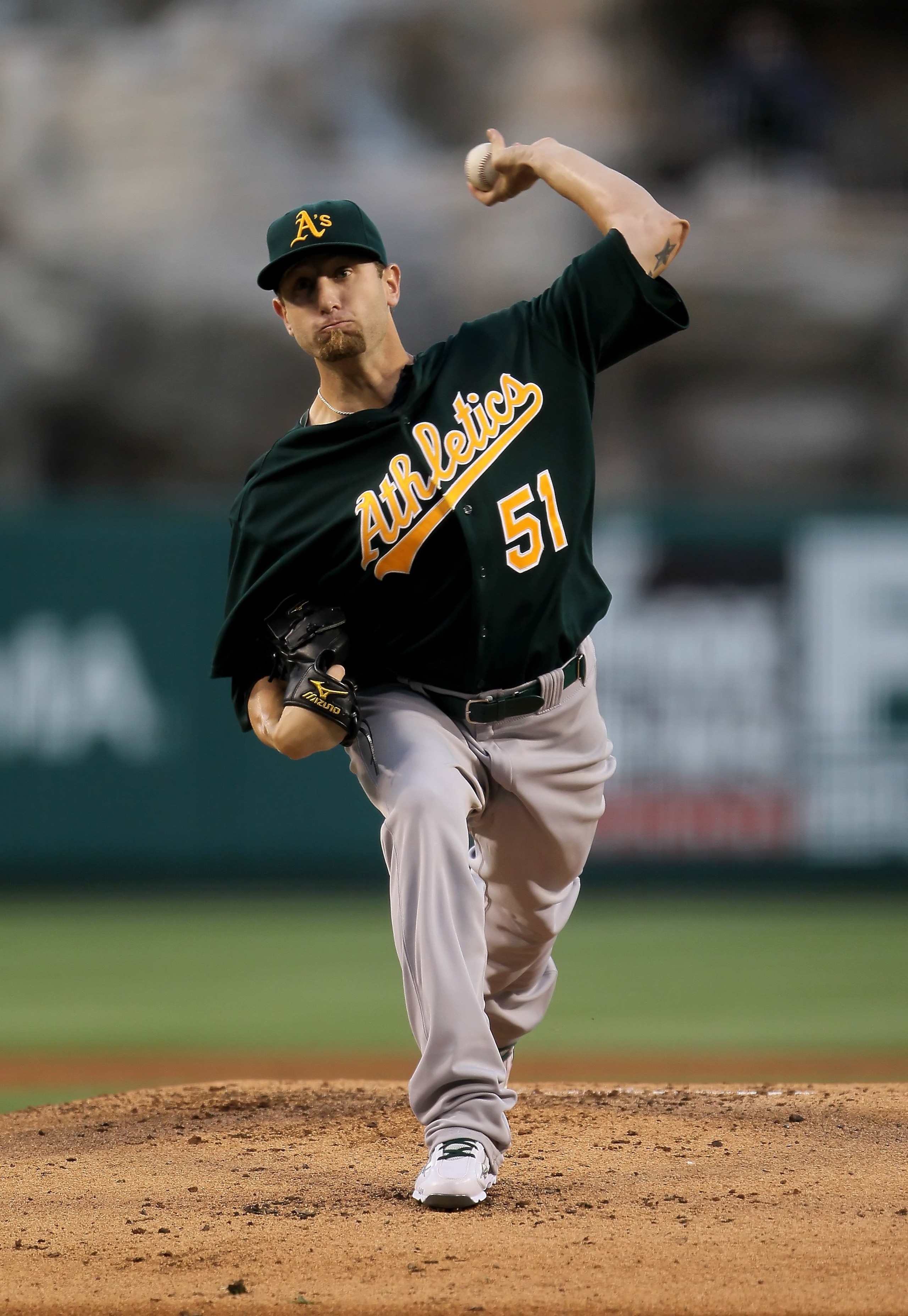 ANAHEIM, CA - MAY 14:  Dallas Braden #51 of the Oakland Athletics pitches against the Los Angeles Angels of Anaheim at Angel Stadium on May 14, 2010 in Anaheim, California.  (Photo by Jeff Gross/Getty Images)