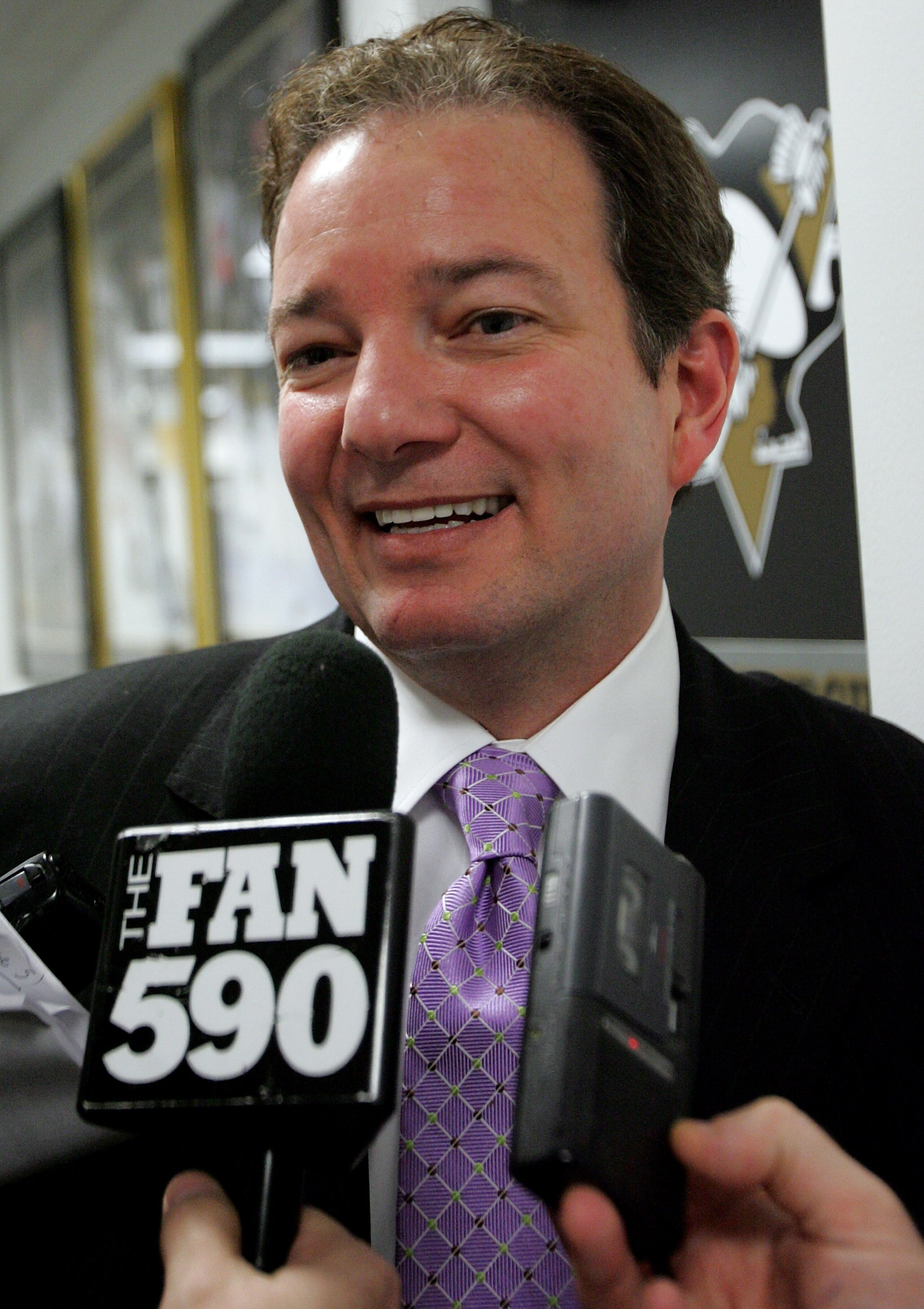 PITTSBURGH - MAY 18:  General manager Ray Shero of the Pittsburgh Penguins is interviewed after his team's 6-0 victory over the Philadelphia Flyers in game five of the Eastern Conference Finals of the 2008 NHL Stanley Cup Playoffs at Mellon Arena on May 1
