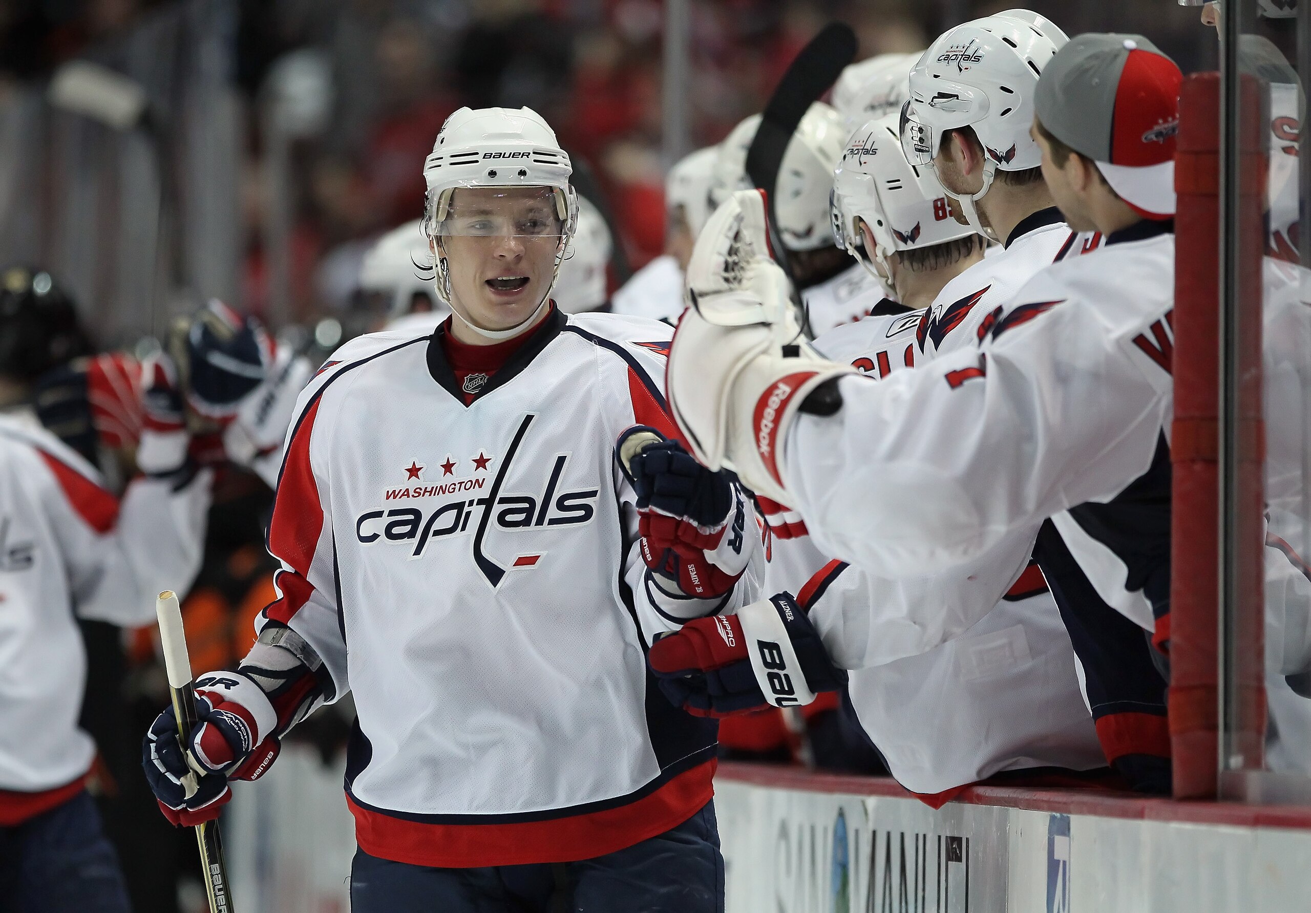 ANAHEIM, CA - FEBRUARY 16:  Alexander Semin #28 of the Washington Capitals celebrates his second goal of the game against the Anaheim Ducks in the third period at the Honda Center on February 16, 2011 in Anaheim, California. The Capitals defeated the Duck