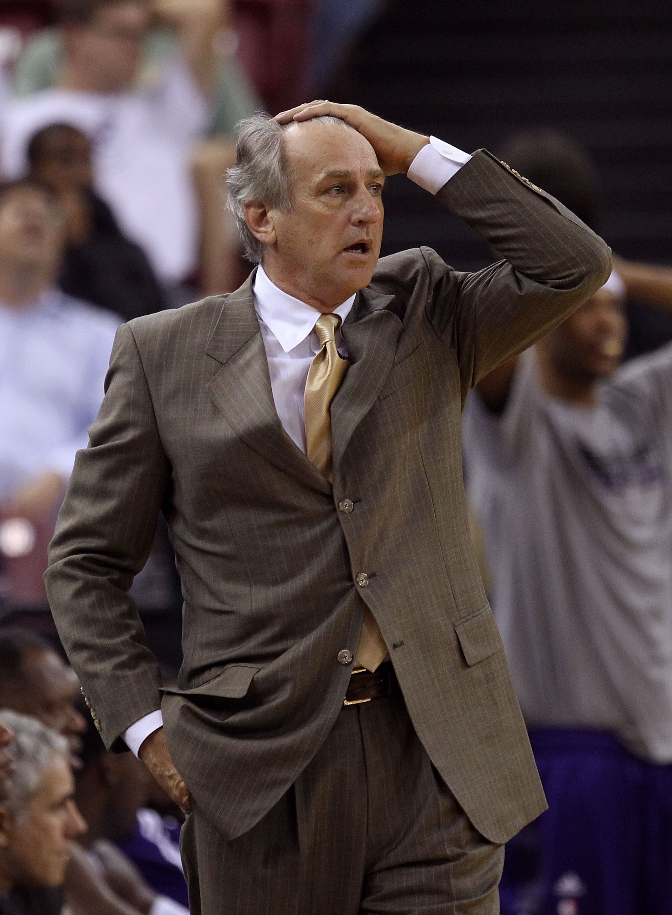SACRAMENTO, CA - NOVEMBER 03: Head coach Paul Westphal of the Sacramento Kings reacts to a call during their game against the Los Angeles Lakers at ARCO Arena on November 3, 2010 in Sacramento, California.  NOTE TO USER: User expressly acknowledges and ag