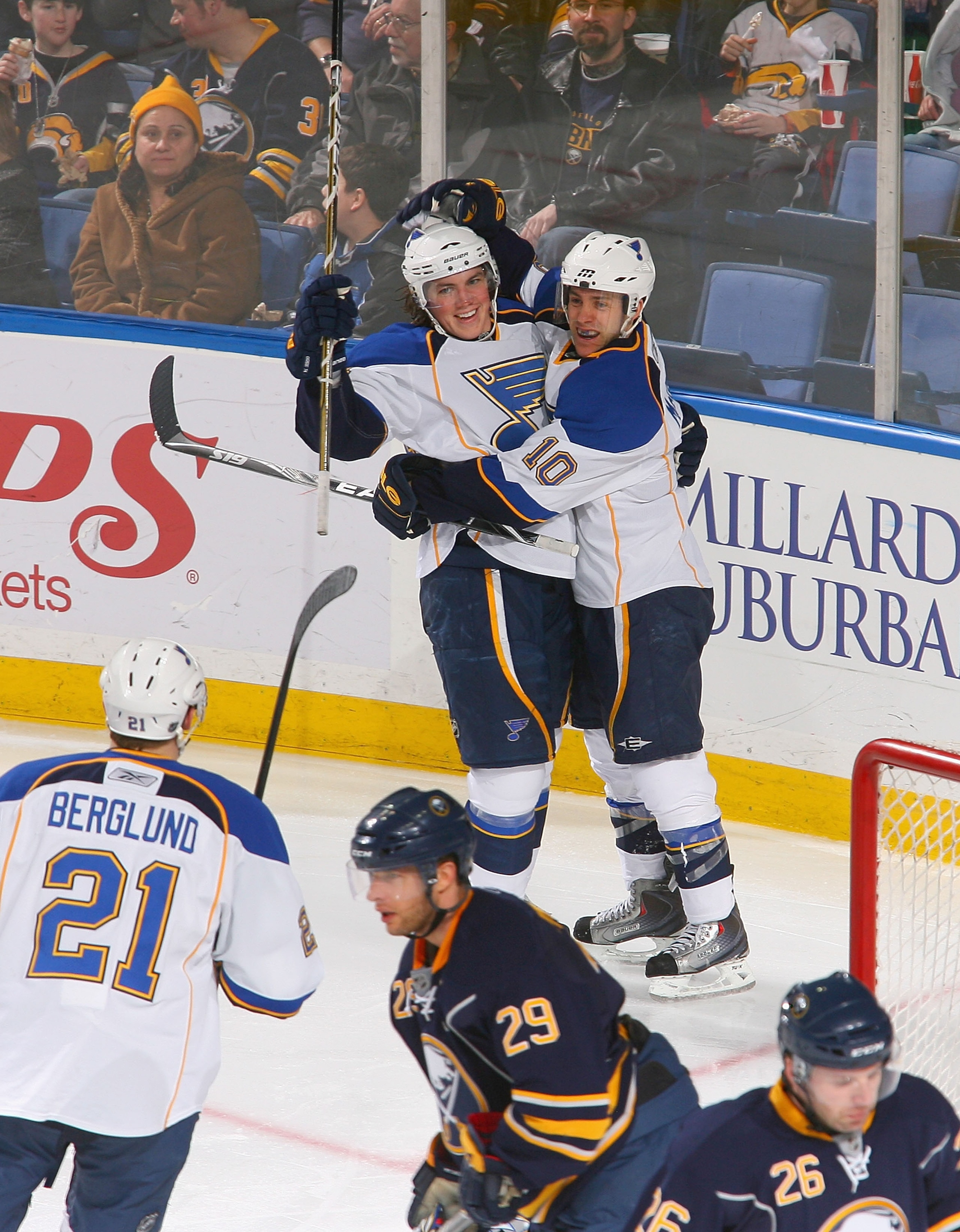 BUFFALO, NY - FEBRUARY 18: TJ Oshie #74 and Andy McDonald #10 of the St. Louis Blues celebrate Oshie's goal in the second period against the Buffalo Sabres at HSBC Arena on February 18, 2011 in Buffalo, New York. (Photo by Rick Stewart/Getty Images) BUFFALO, NY - FEBRUARY 18: TJ Oshie #74 and Andy McDonald #10 of the St. Louis Blues celebrate Oshie's goal in the second period against the Buffalo Sabres at HSBC Arena on February 18, 2011 in Buffalo, New York. (Photo by Rick Stewart/Getty Images)