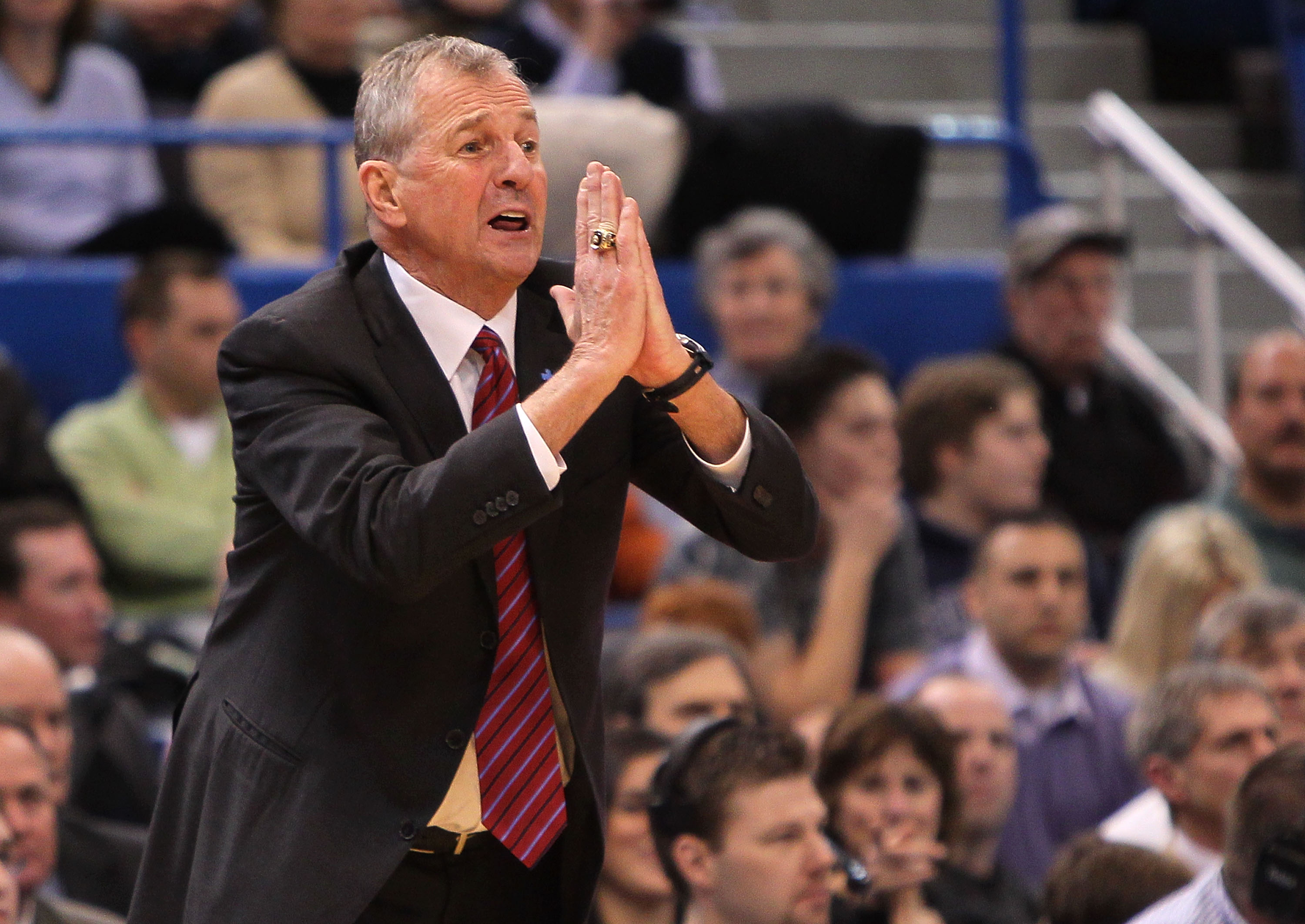 HARTFORD, CT - FEBRUARY 13: Coach Jim Calhoun of the Connecticut Huskies reacts during a game against the Cincinnati Bearcats at the XL Center on February 13, 2010 in Hartford, Connecticut. (Photo by Jim Rogash/Getty Images)