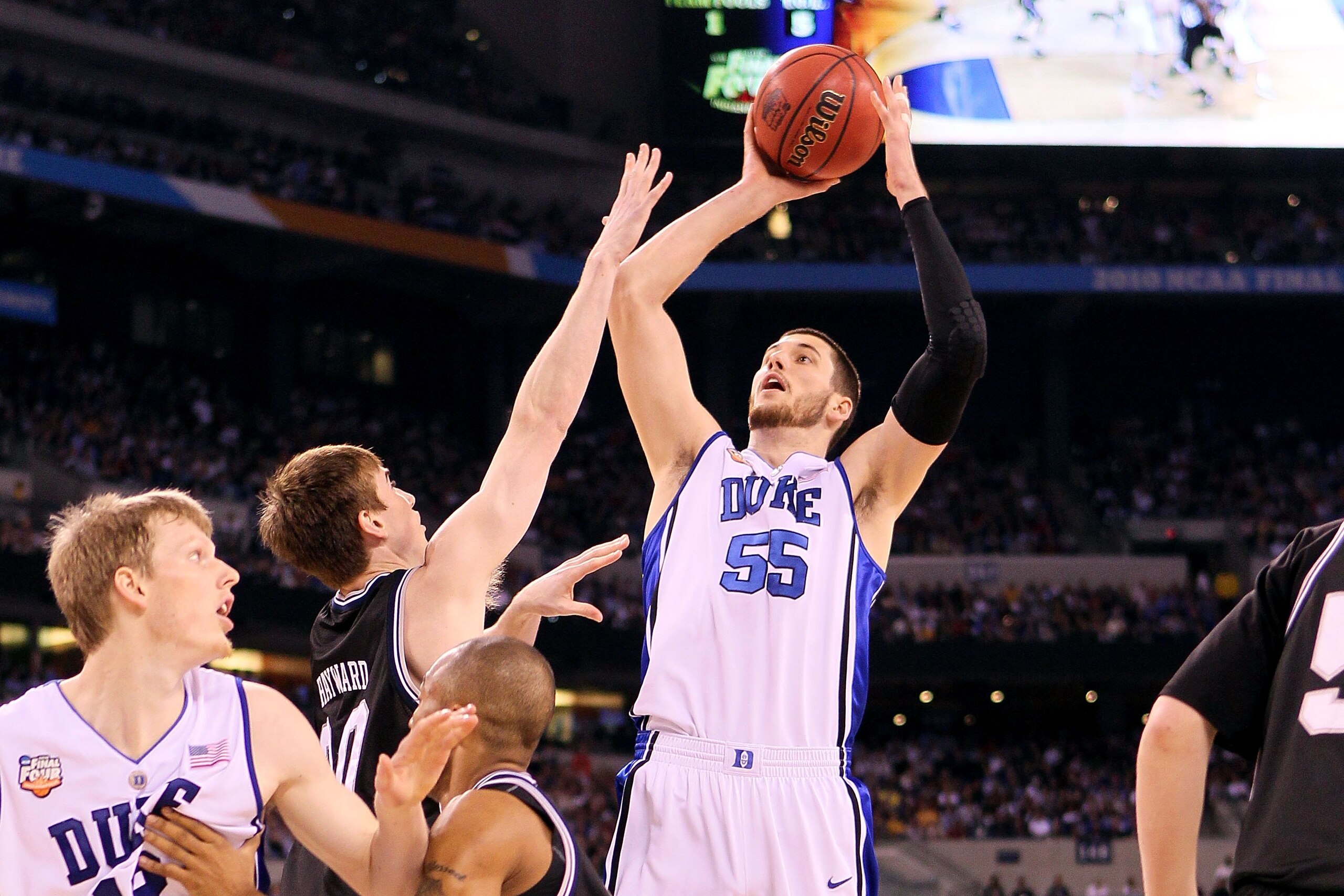 INDIANAPOLIS - APRIL 05:  Brian Zoubek #55 of the Duke Blue Devils attempts a shot against the Butler Bulldogs during the 2010 NCAA Division I Men's Basketball National Championship game at Lucas Oil Stadium on April 5, 2010 in Indianapolis, Indiana.  (Ph